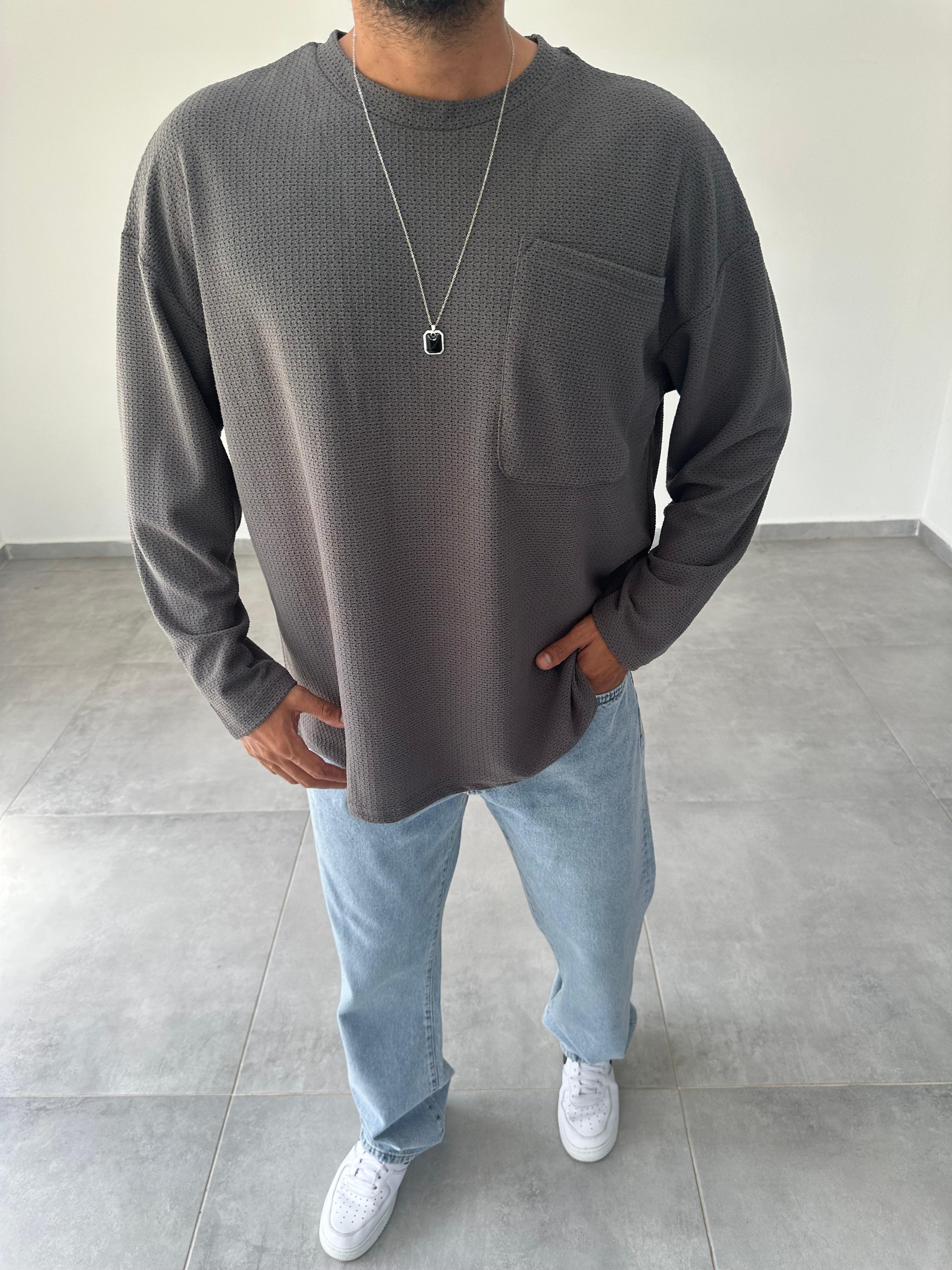 Füme Renk Cep Detaylı Oversize Sweatshirt