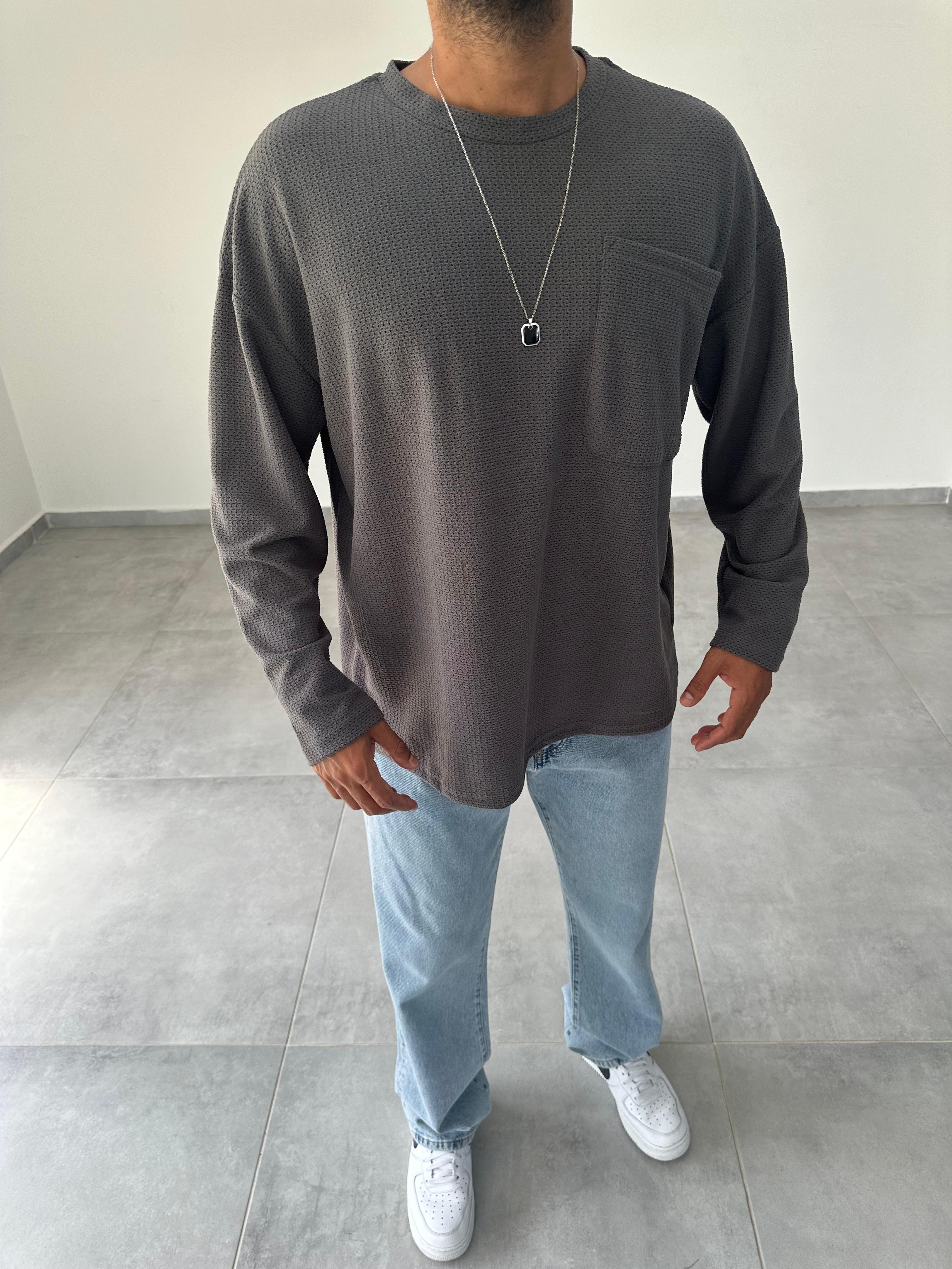 Füme Renk Cep Detaylı Oversize Sweatshirt