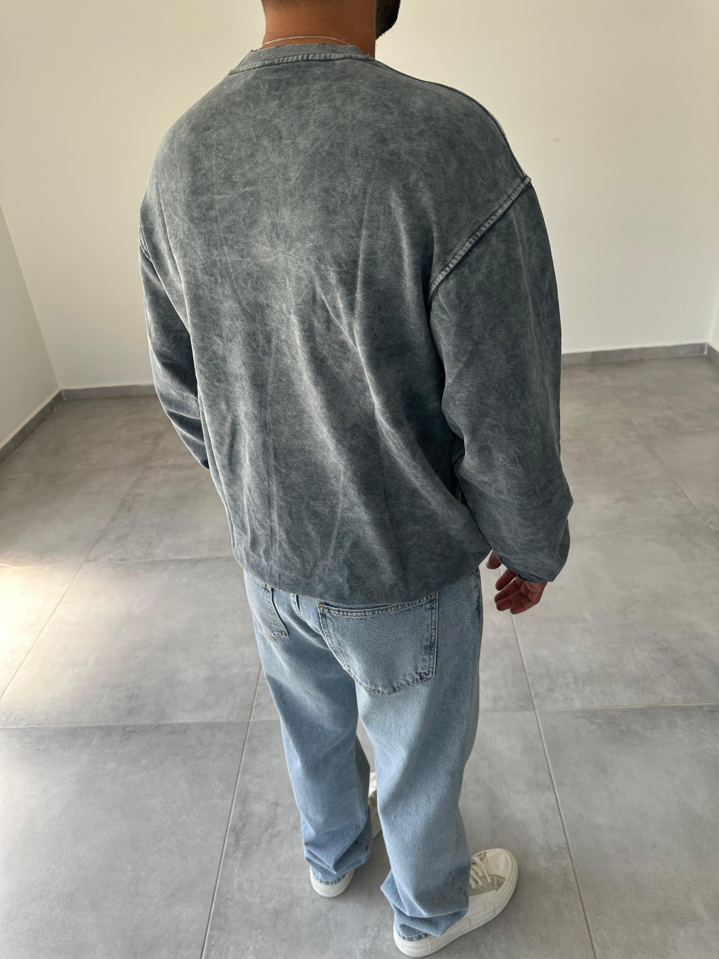 Füme Renk Vintage Baskılı Asit Yıkama Oversize Sweatshirt
