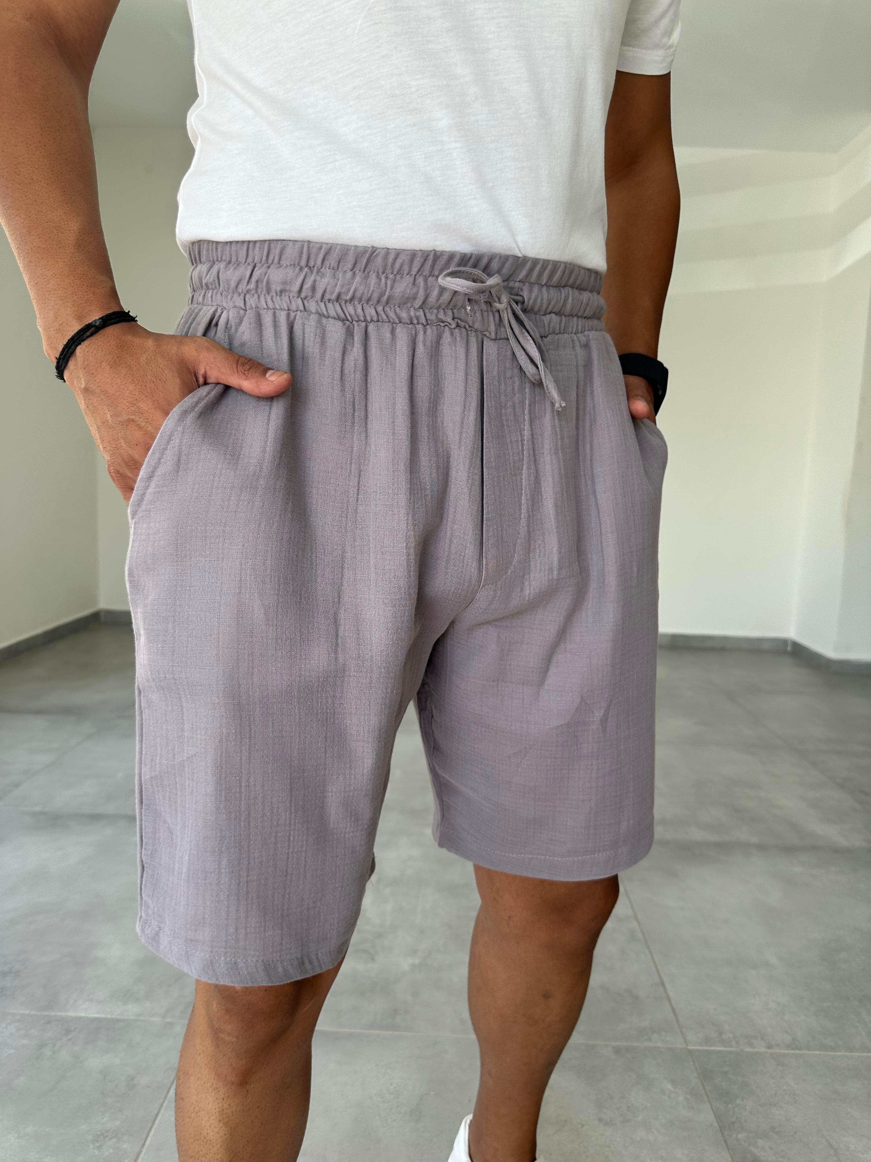 Gri Renk Bel Kısmı Lastikli Chino Model Müslin Keten Şort