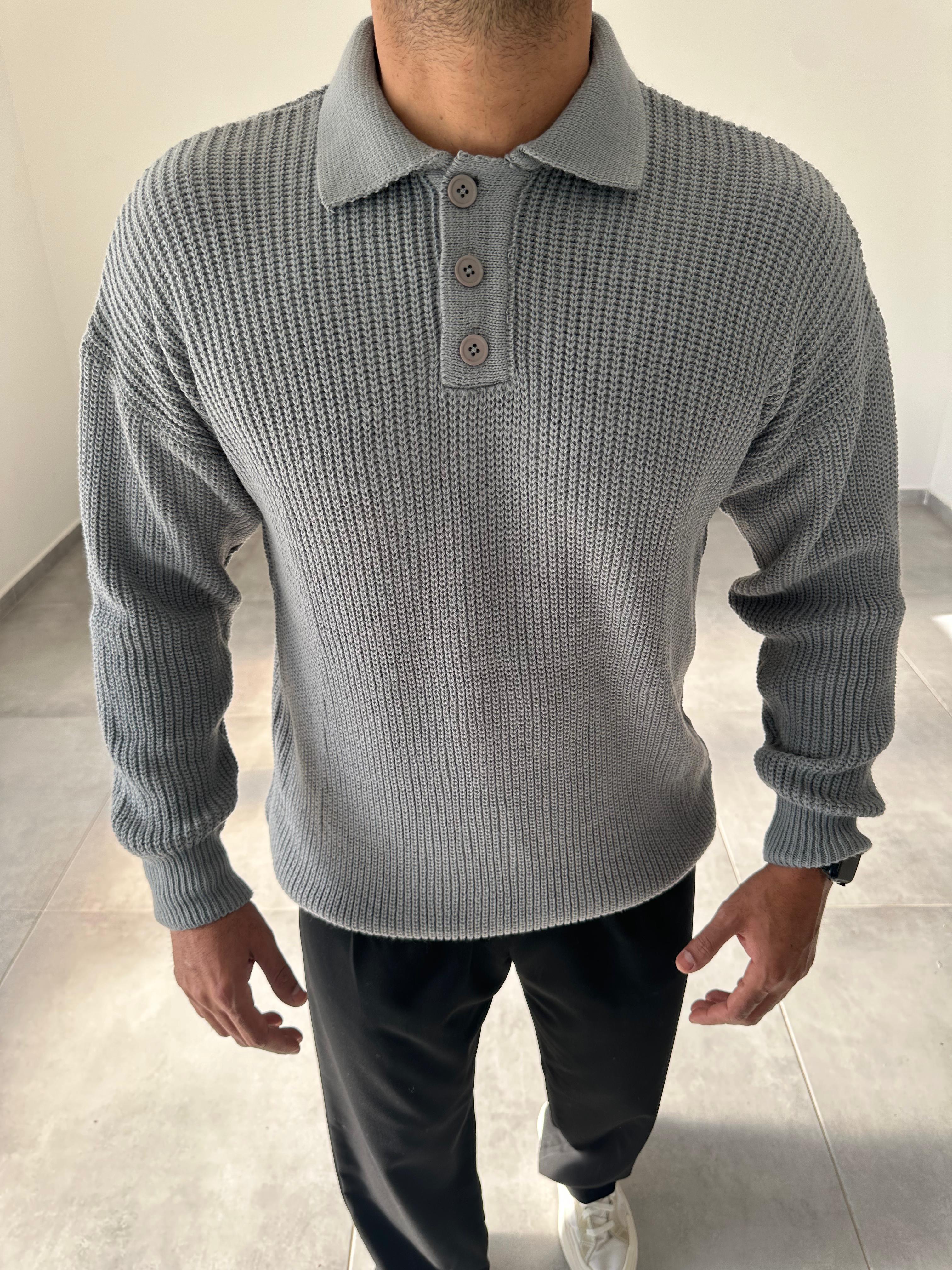 Gri Renk Düğmeli Polo Yaka Oversize Örme Kazak