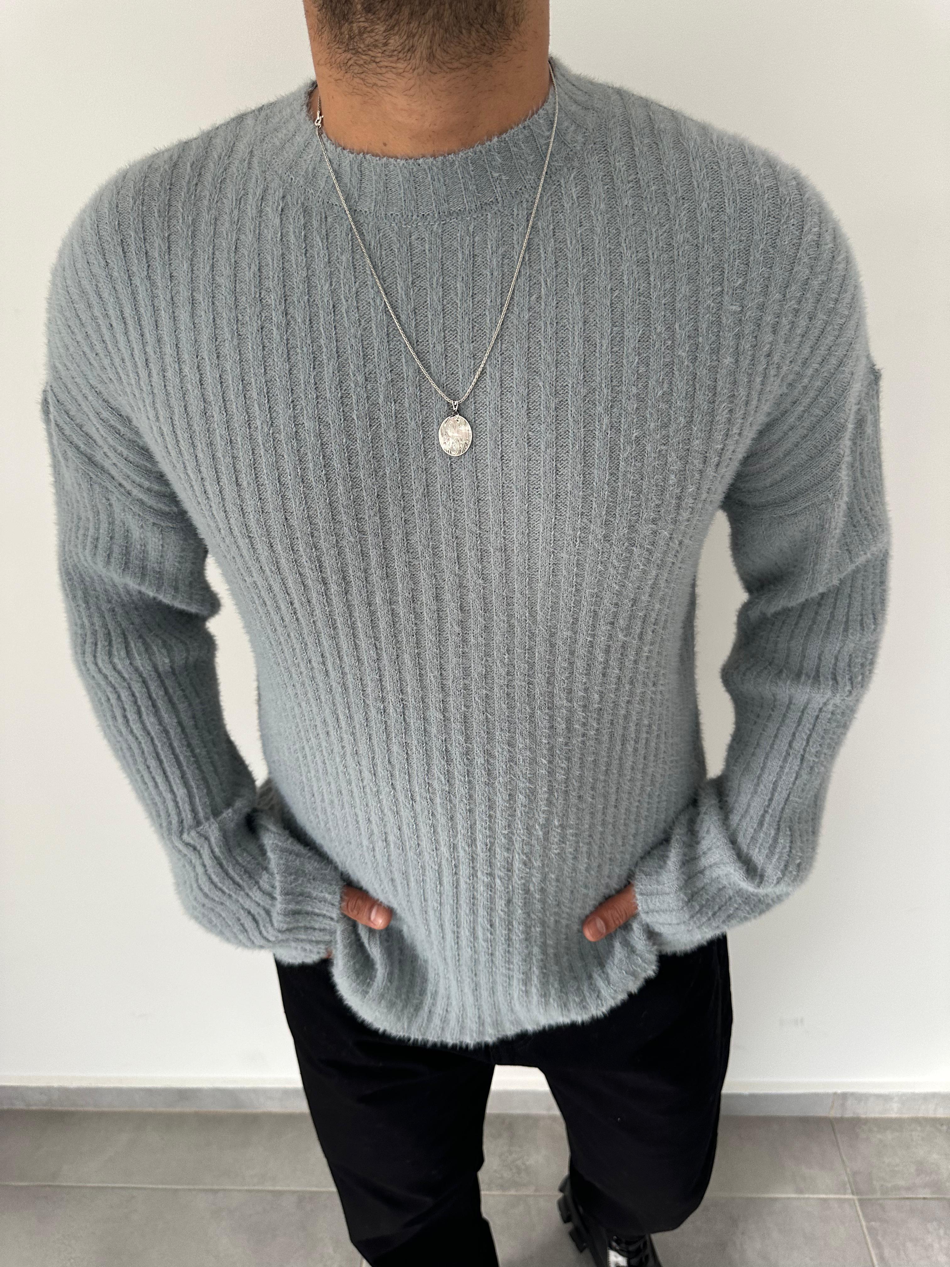 Gri Renk Fitilli Bisiklet Yaka Oversize Kazak