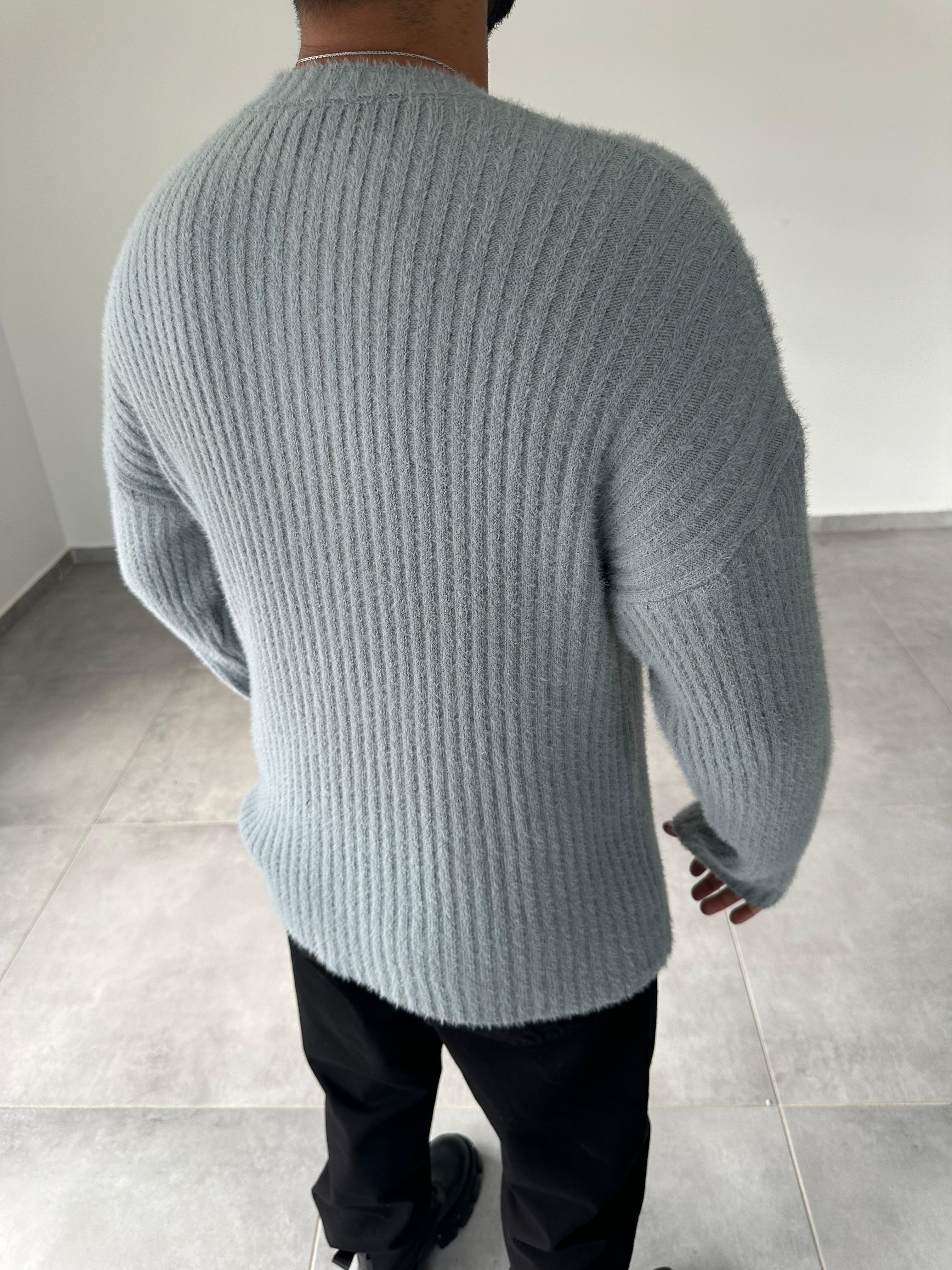 Gri Renk Fitilli Bisiklet Yaka Oversize Kazak