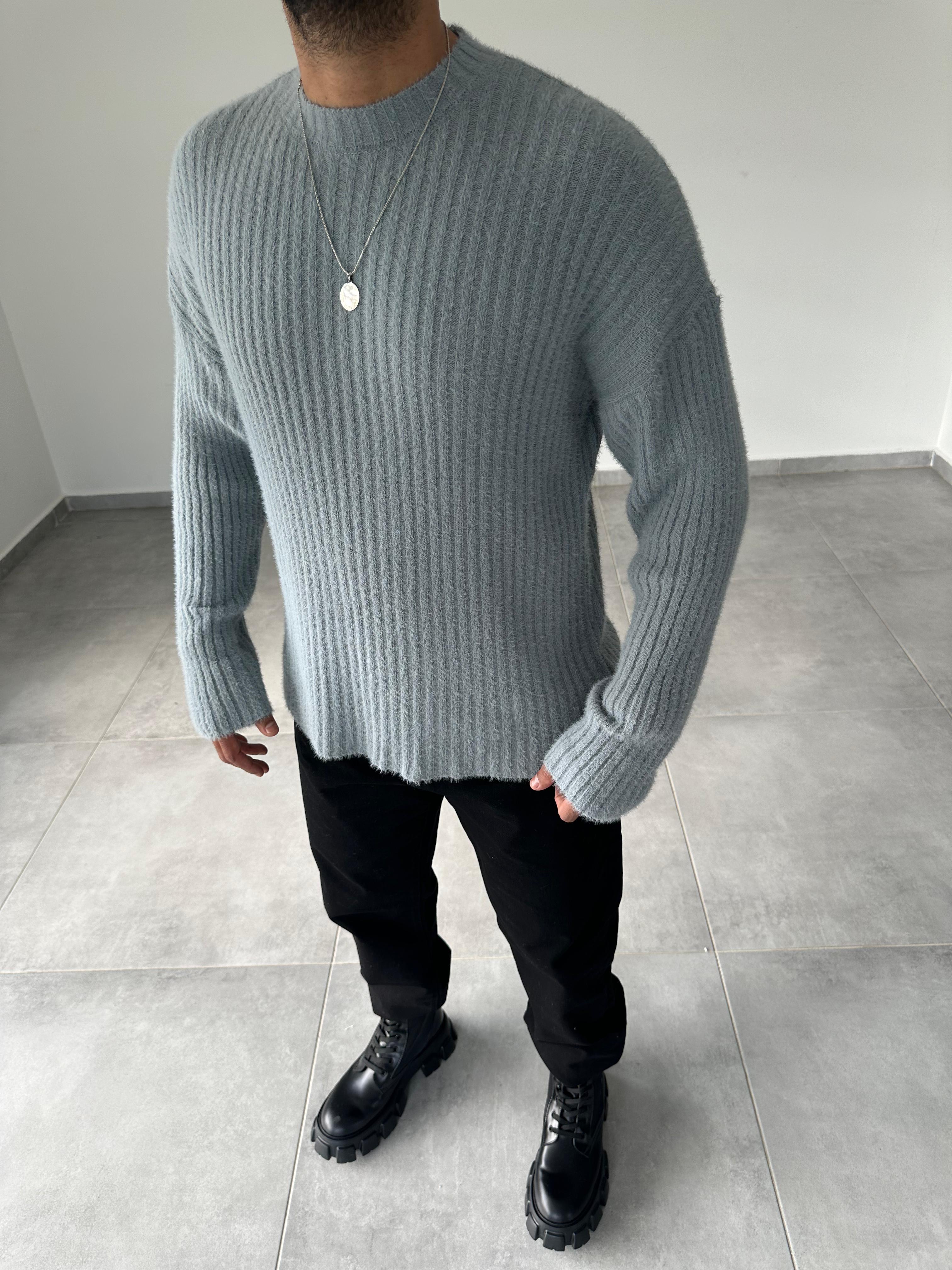 Gri Renk Fitilli Bisiklet Yaka Oversize Kazak