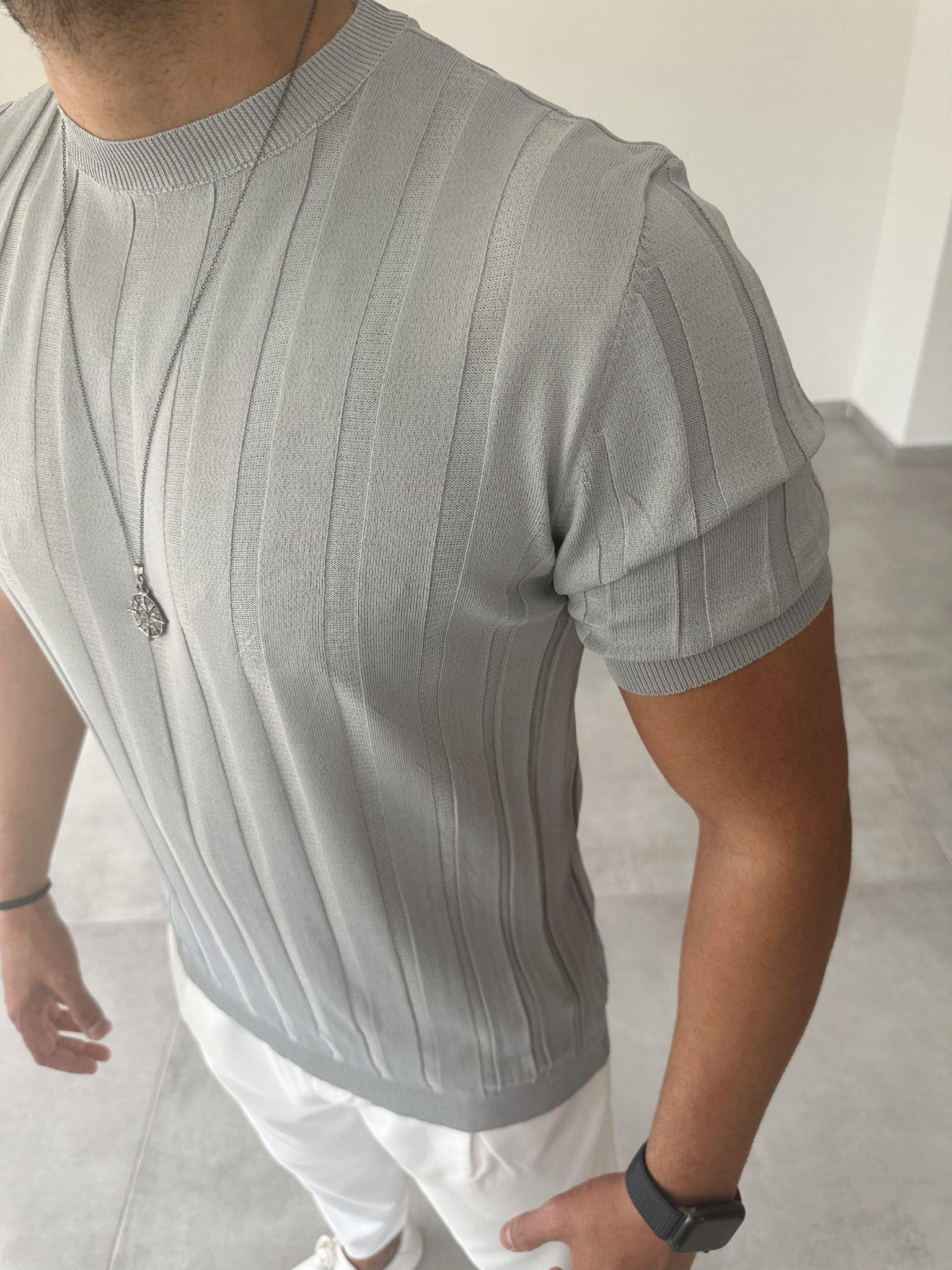 Gri Renk Kalın Fitilli Basic Triko T-Shirt