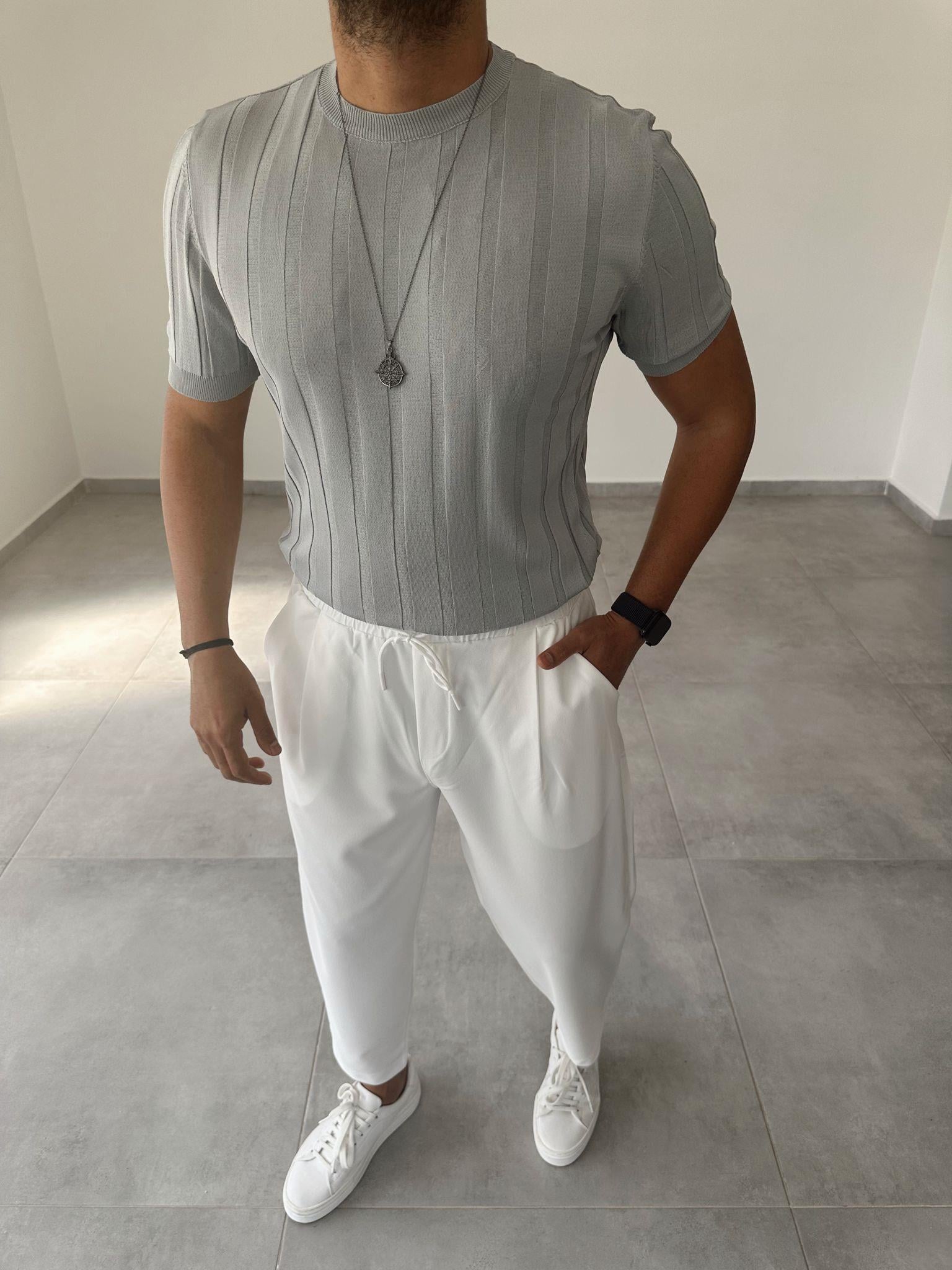 Gri Renk Kalın Fitilli Basic Triko T-Shirt
