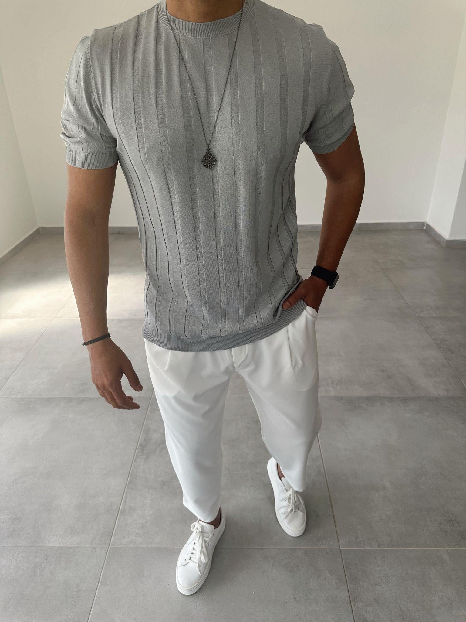 Gri Renk Kalın Fitilli Basic Triko T-Shirt