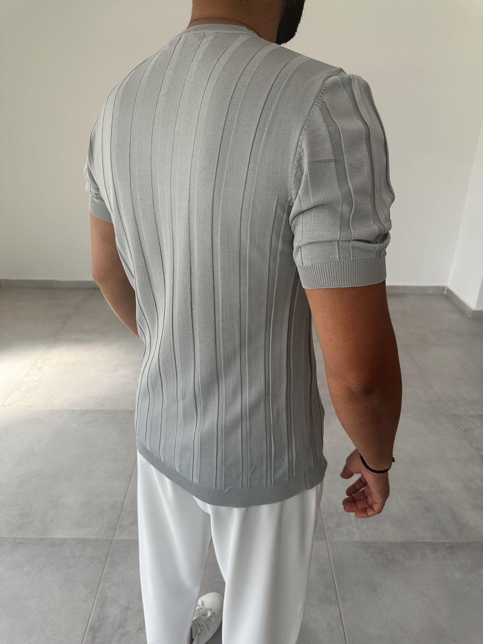 Gri Renk Kalın Fitilli Basic Triko T-Shirt