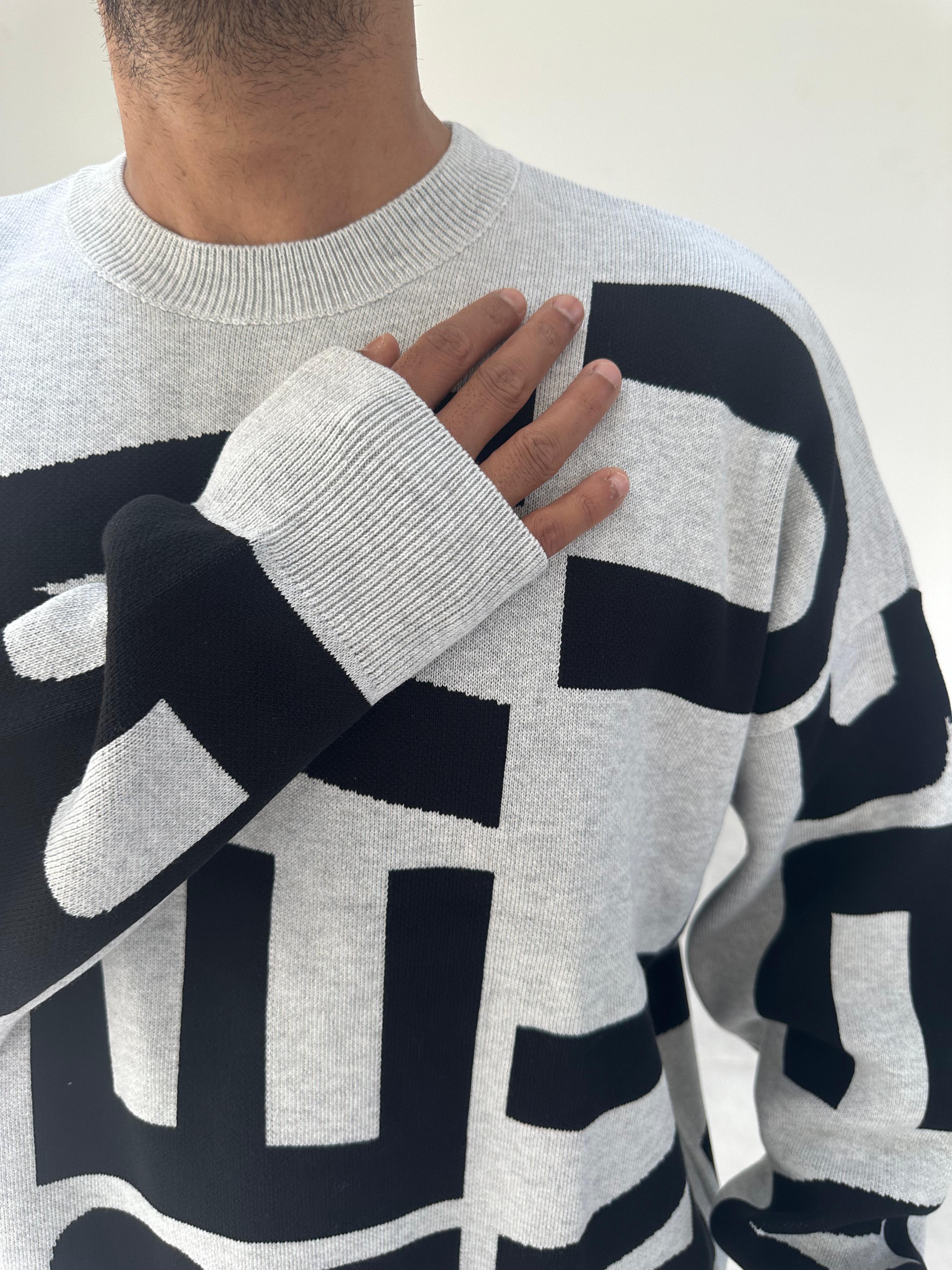 Gri Renk Letter İşlemeli Örme Oversize Sweatshirt