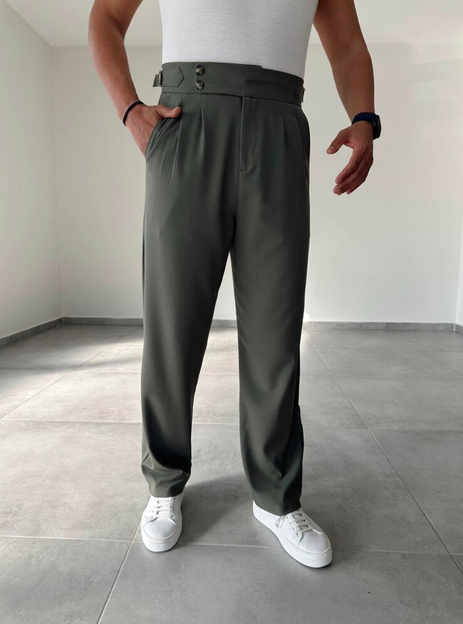 Haki Ahşap Düğmeli İtalyan Kesim Kumaş Pantolon