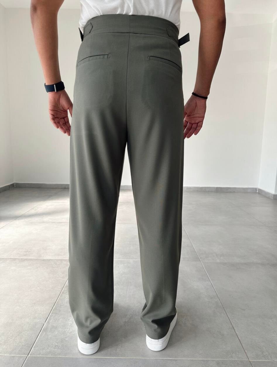 Haki Ahşap Düğmeli İtalyan Kesim Kumaş Pantolon