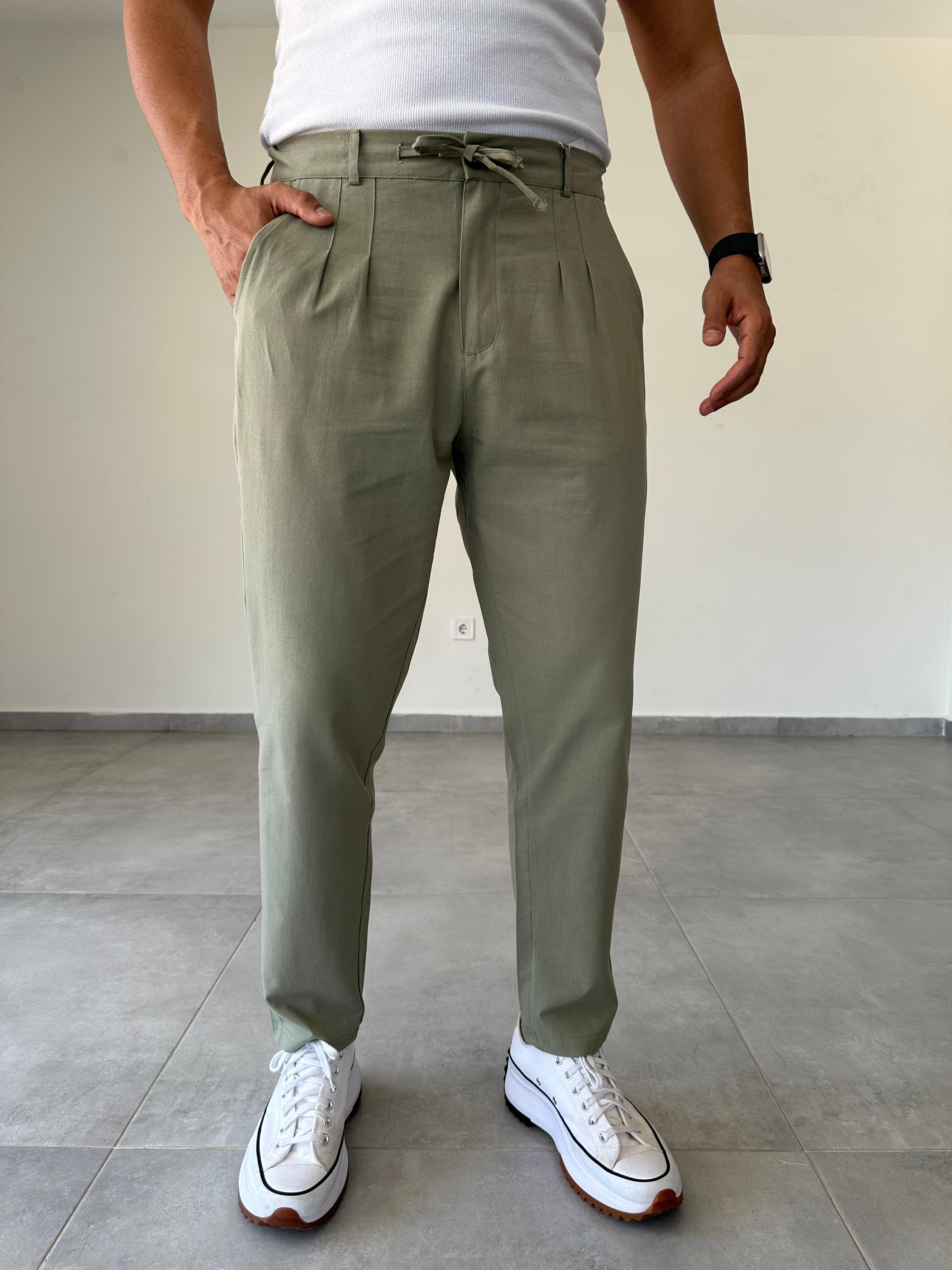 Haki Renk Ön Kısmı Pile Detaylı Boyfriend Kesim Keten Pantolon