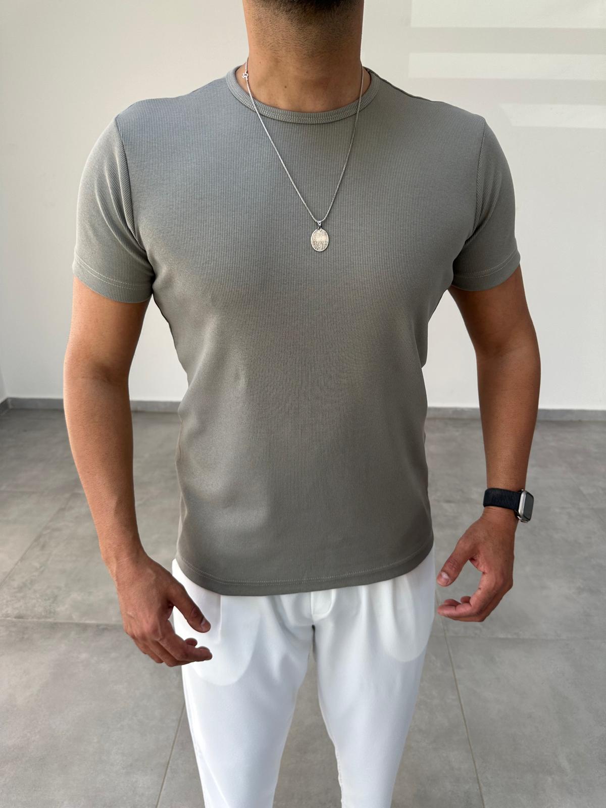 Haki Yeşili Renk Fitilli Basic T-Shirt