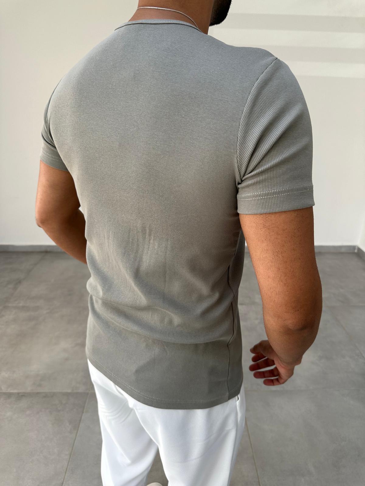 Haki Yeşili Renk Fitilli Basic T-Shirt
