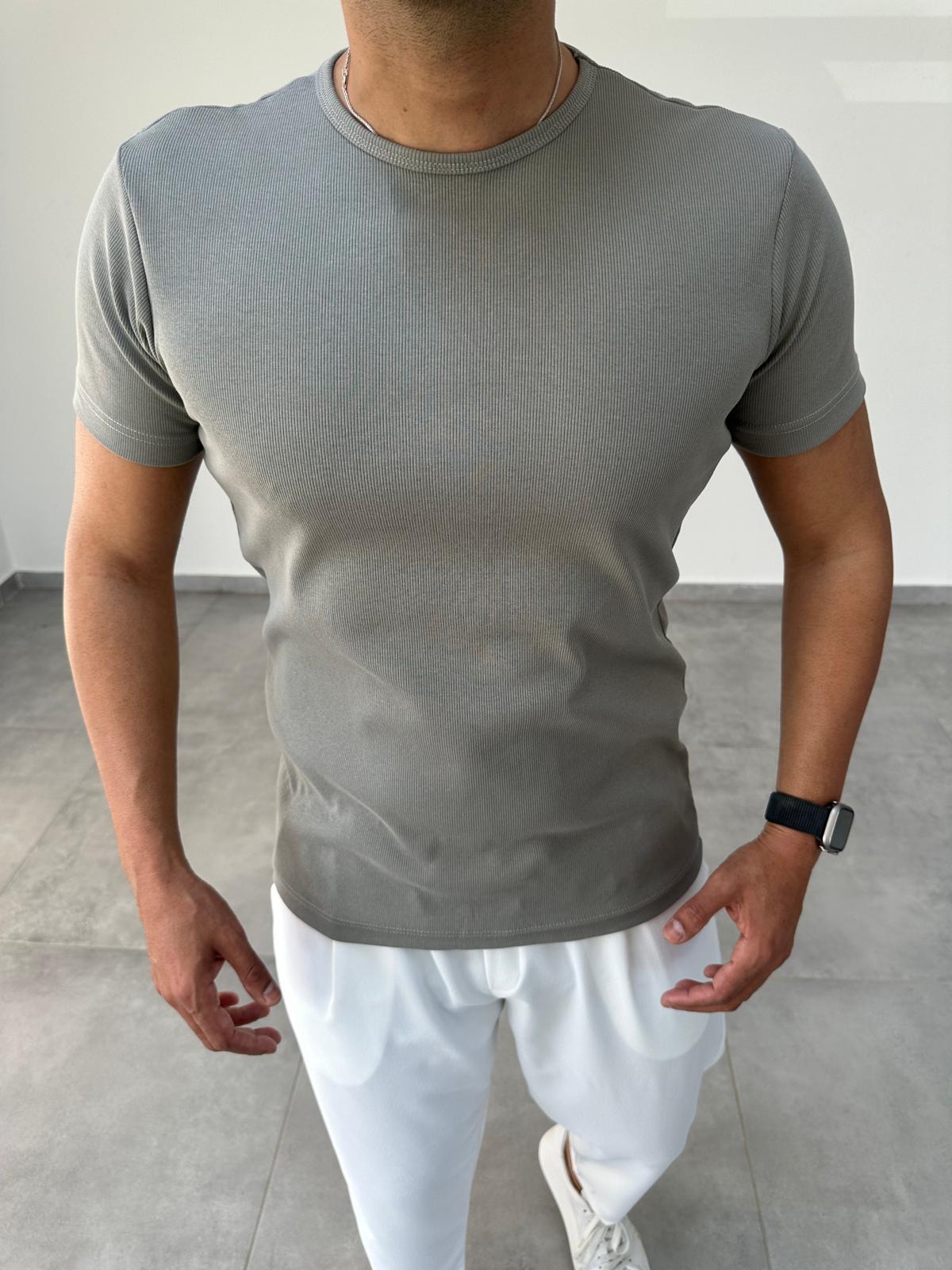 Haki Yeşili Renk Fitilli Basic T-Shirt