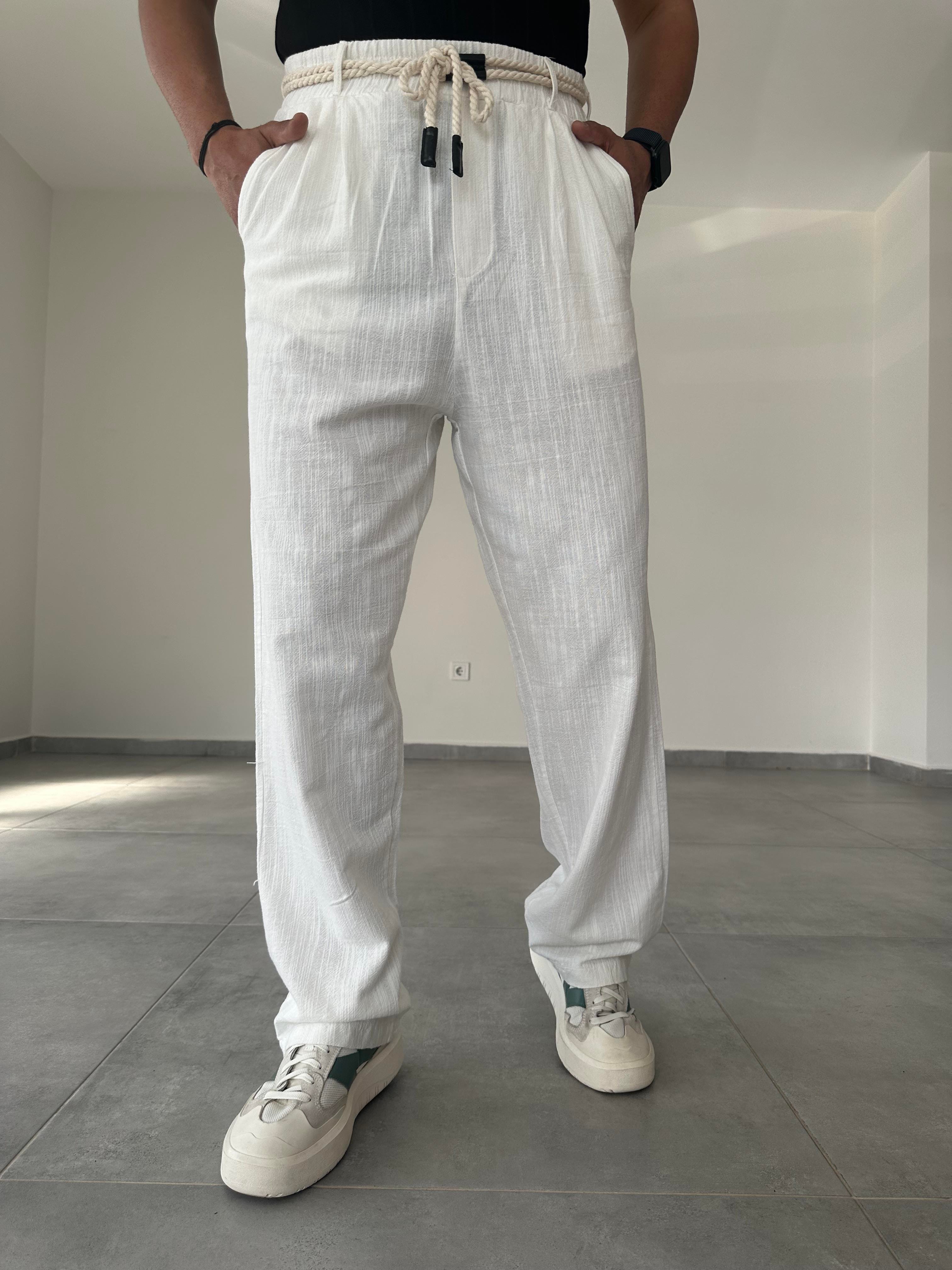 Hasır İp  Kemerli Ekru Baggy  Keten Pantolon
