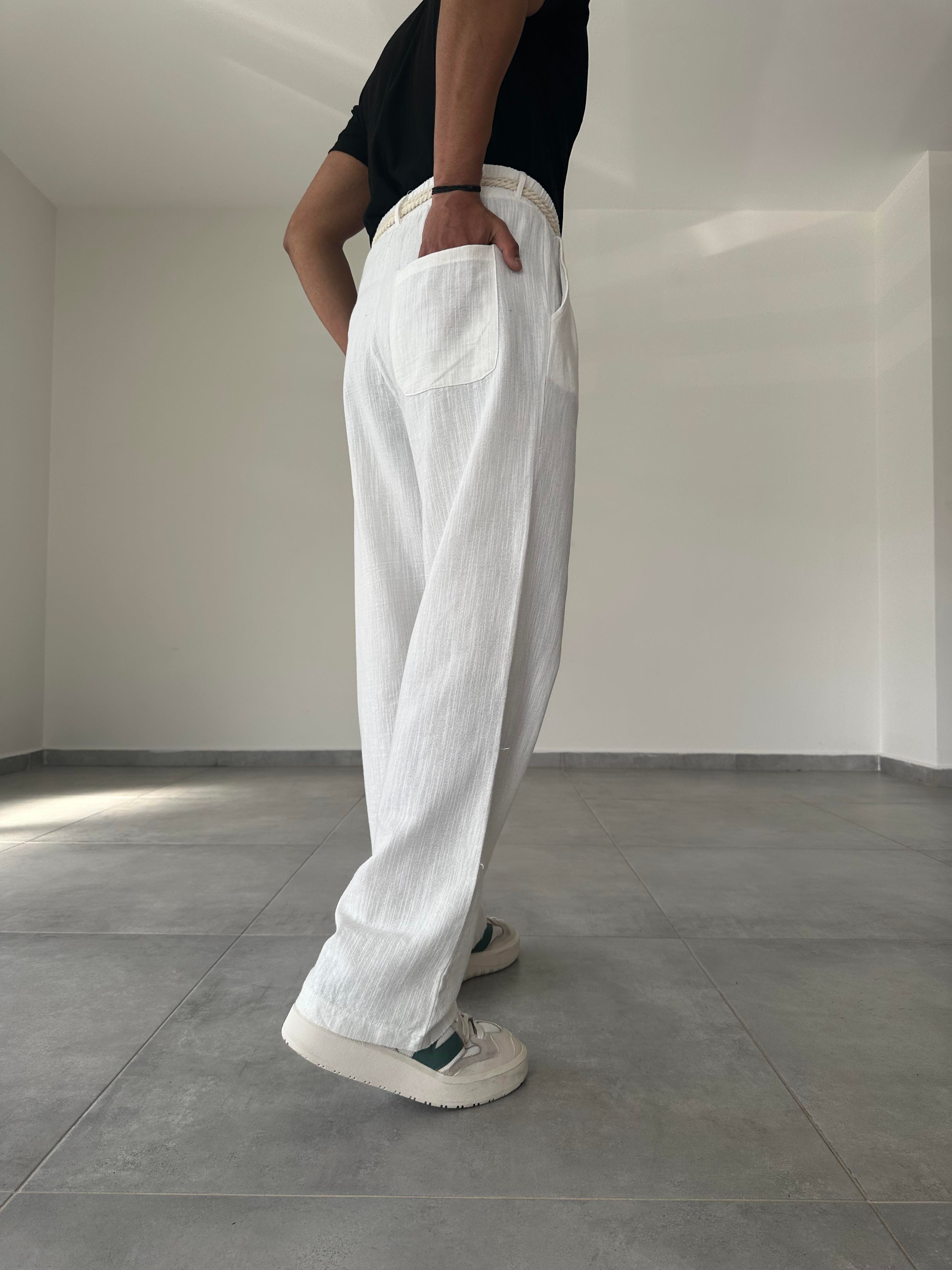 Hasır İp  Kemerli Ekru Baggy  Keten Pantolon