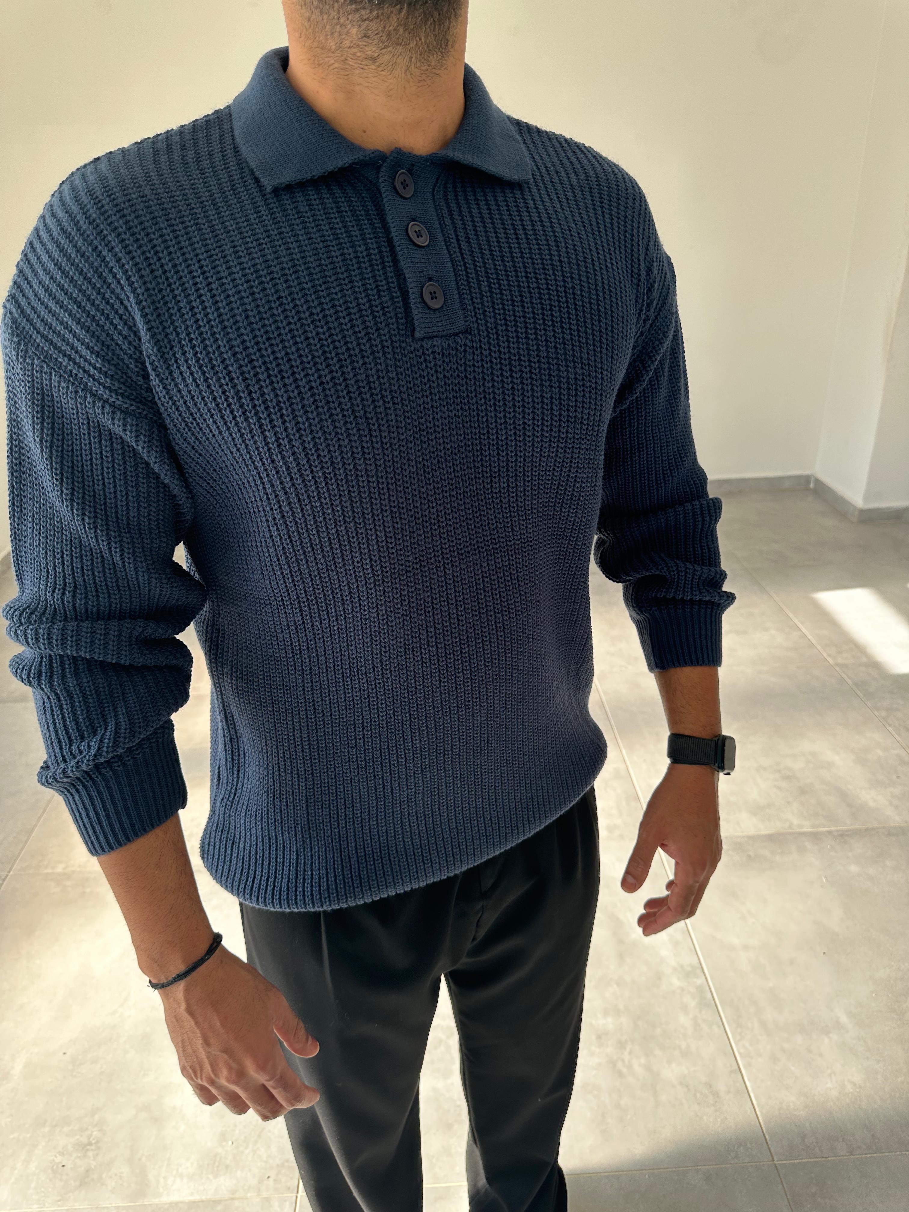 İndigo Renk Düğmeli Polo Yaka Oversize Örme Kazak