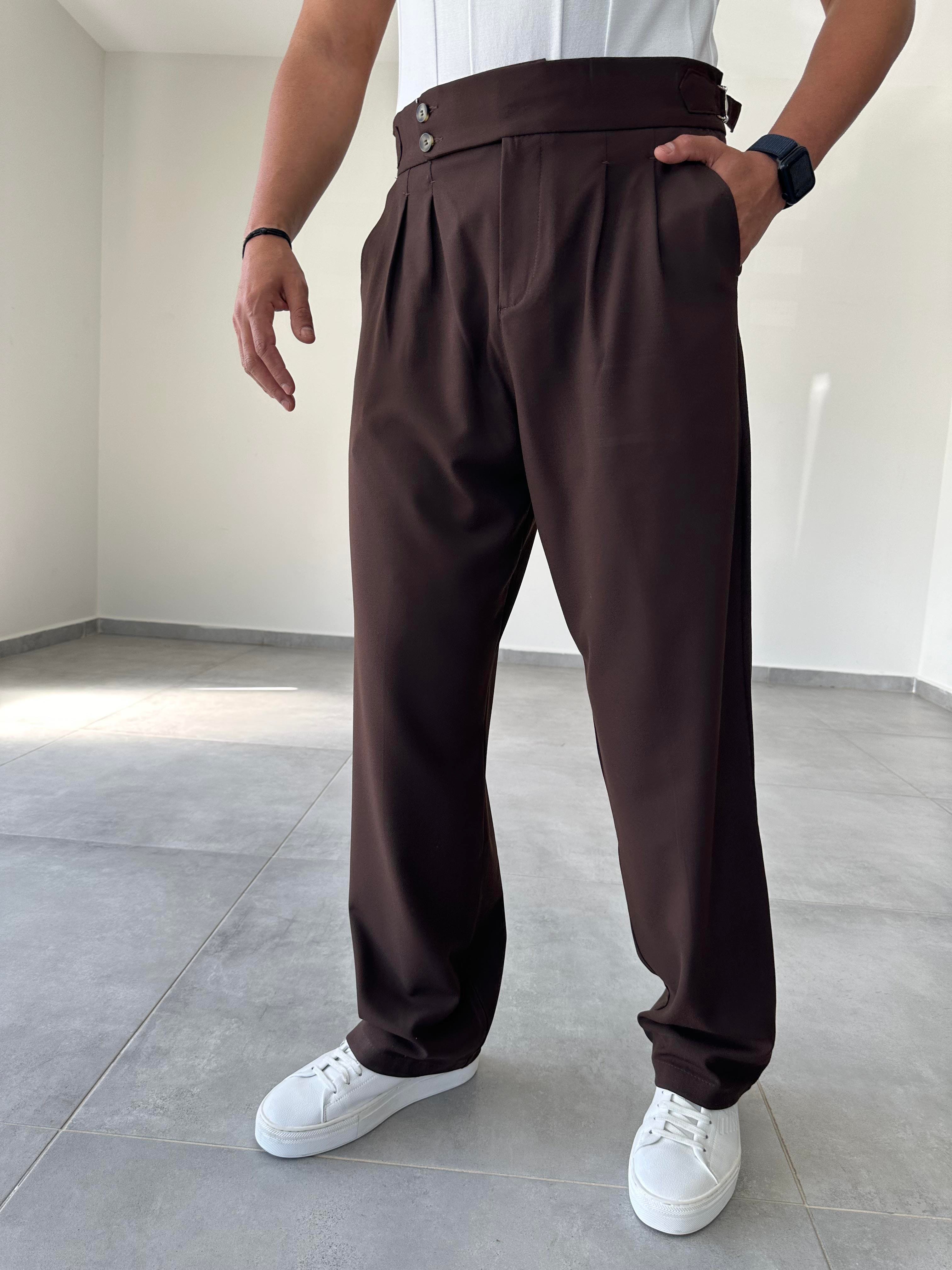 Kahve Ahşap Düğmeli İtalyan Kesim Kumaş Pantolon