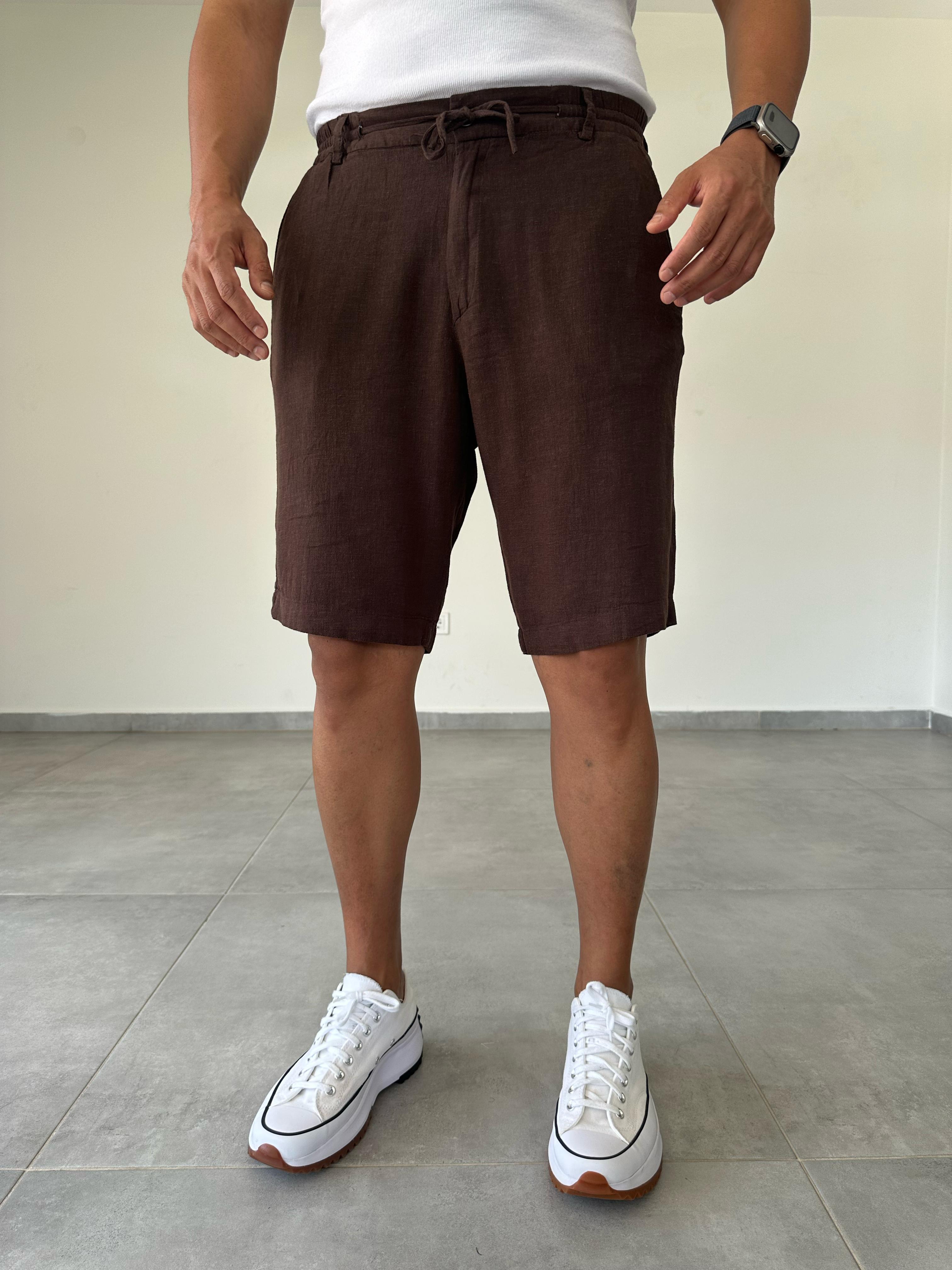 Kahve Renk Bel Kısmı Lastik Ve Bağcık Detaylı Yıkamalı Keten Şort