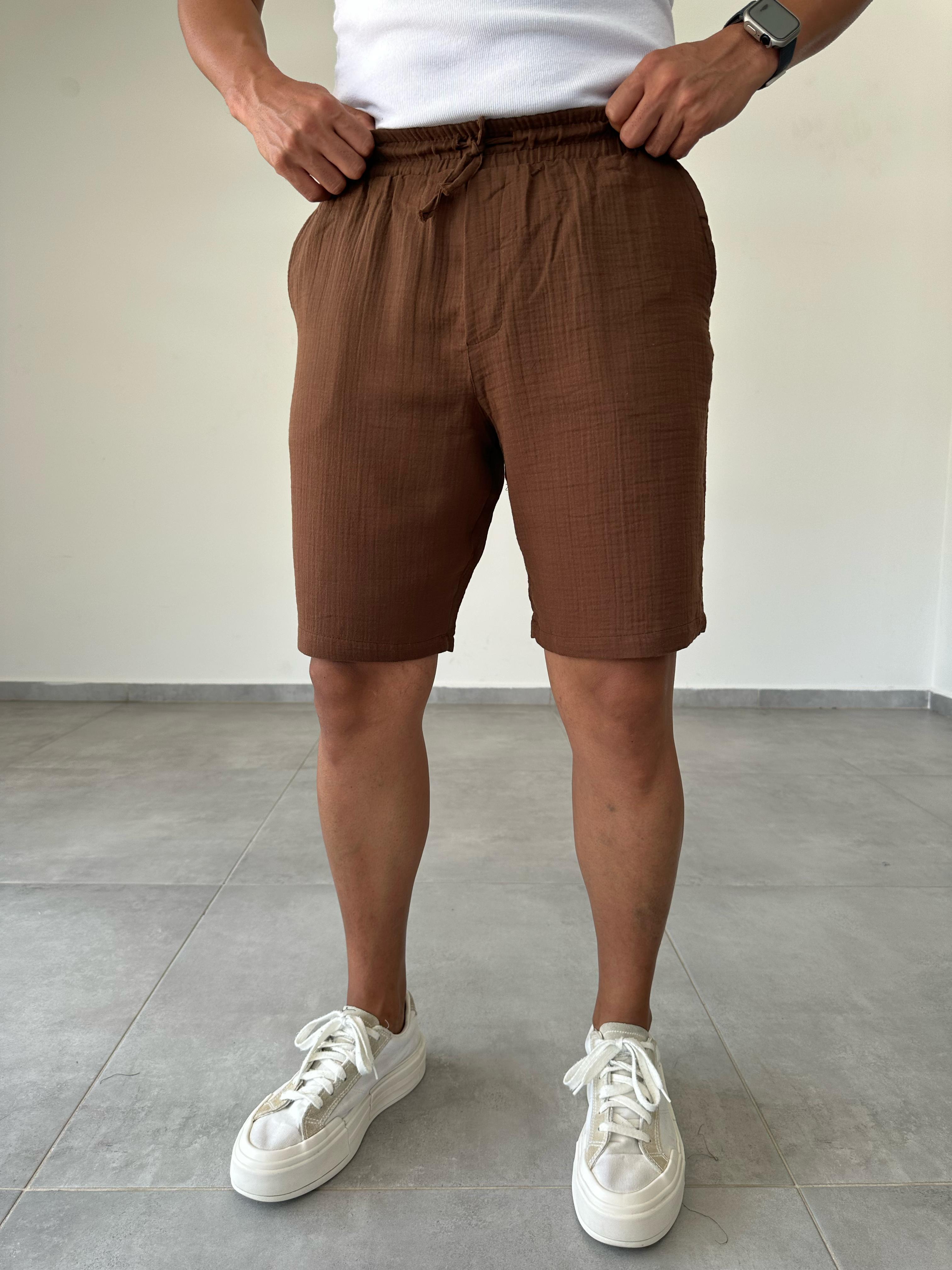 Kahve Renk Müslin Kumaş Relax Fit Basic Şort