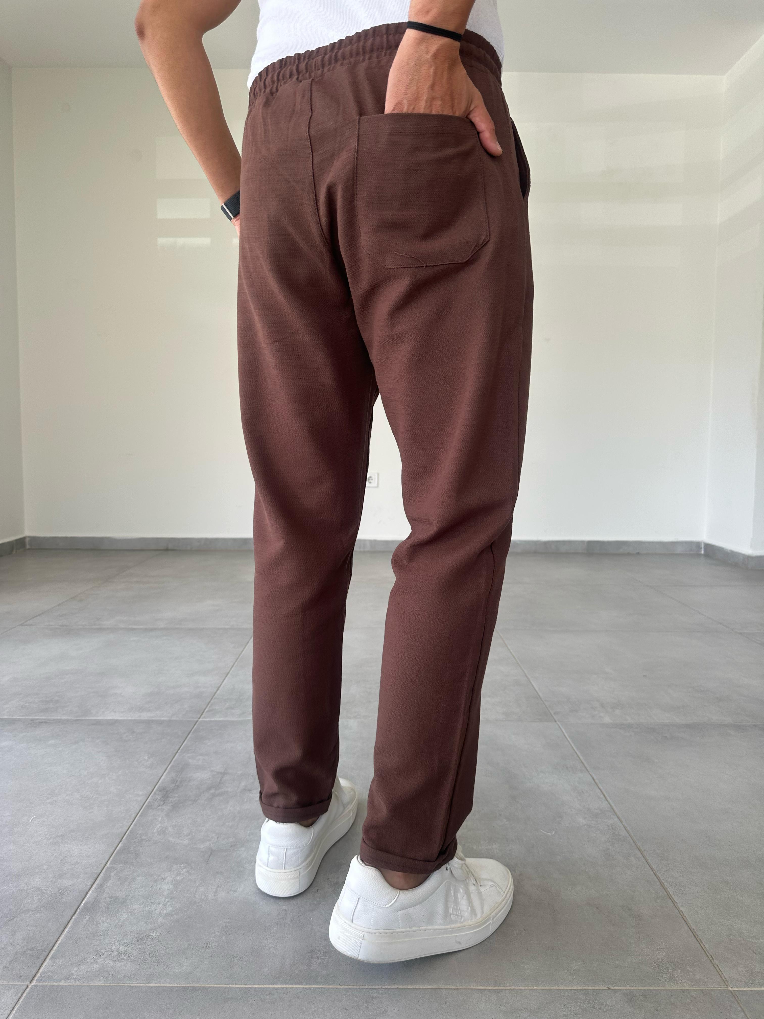 Kahve Renk Ön Kısmı Pile Detaylı Double Paça Keten Pantolon