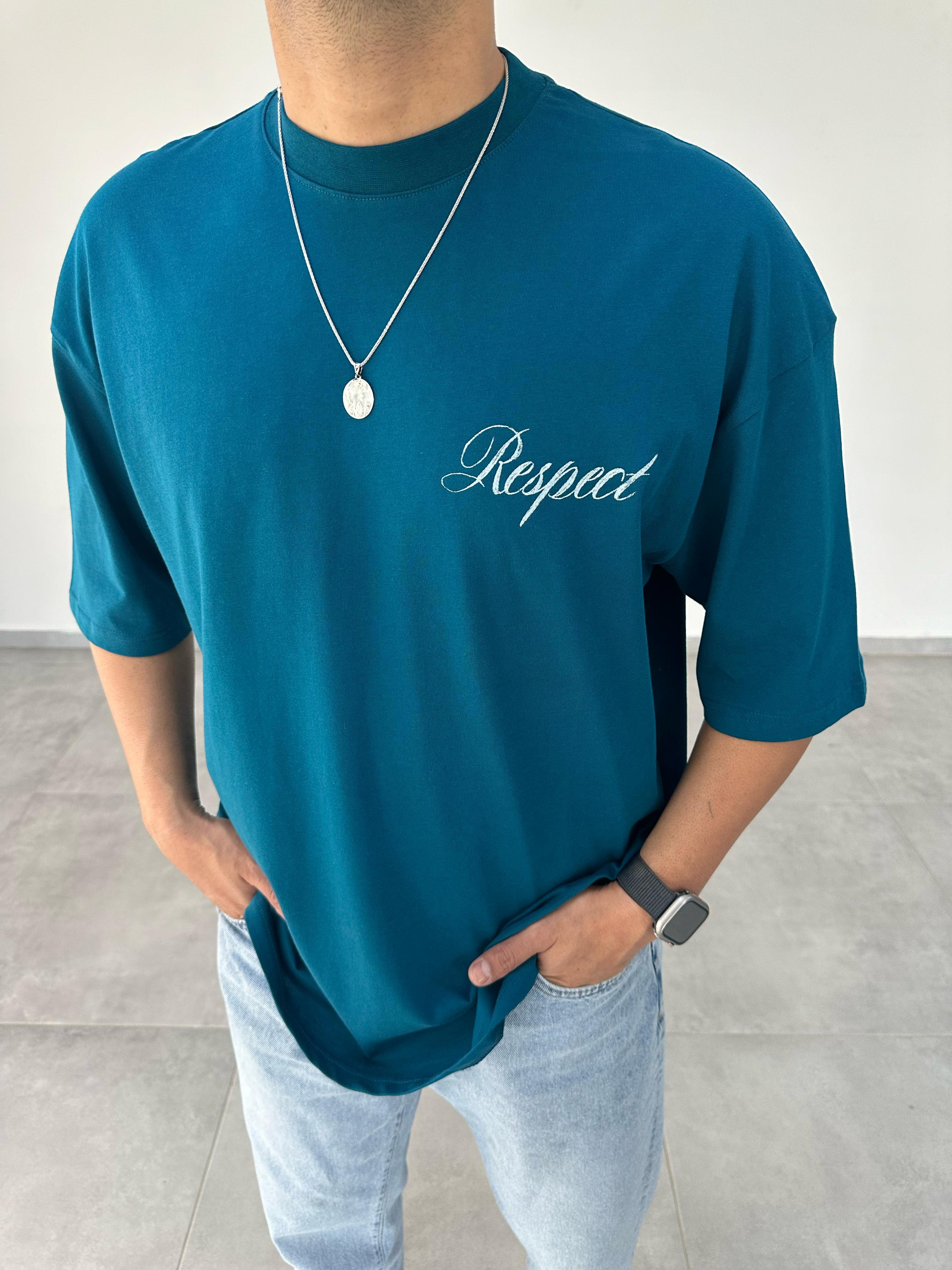 Petrol Renk Respective Baskılı Oversize T-Shirt