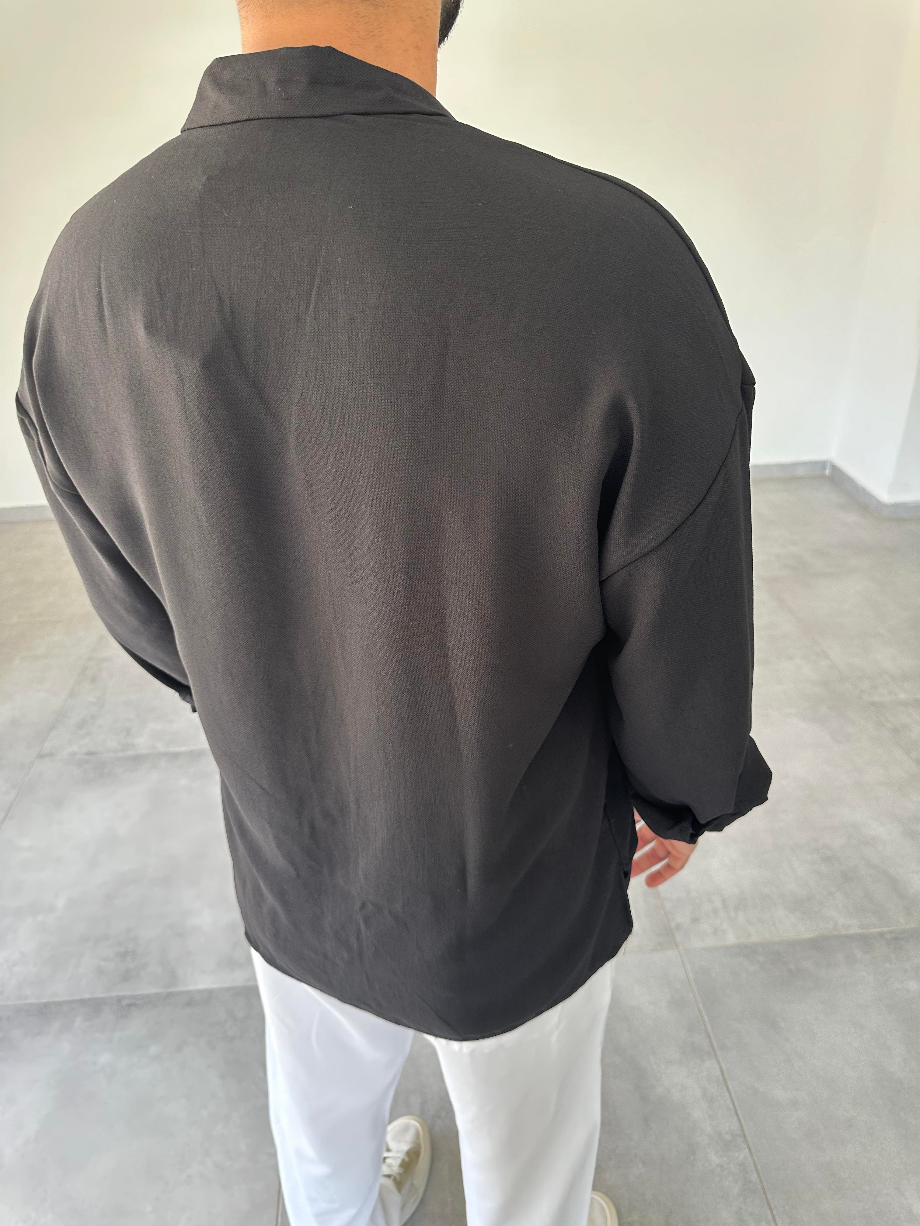 Siyah Oversize Kesim Ayrobin Kumaş Gömlek