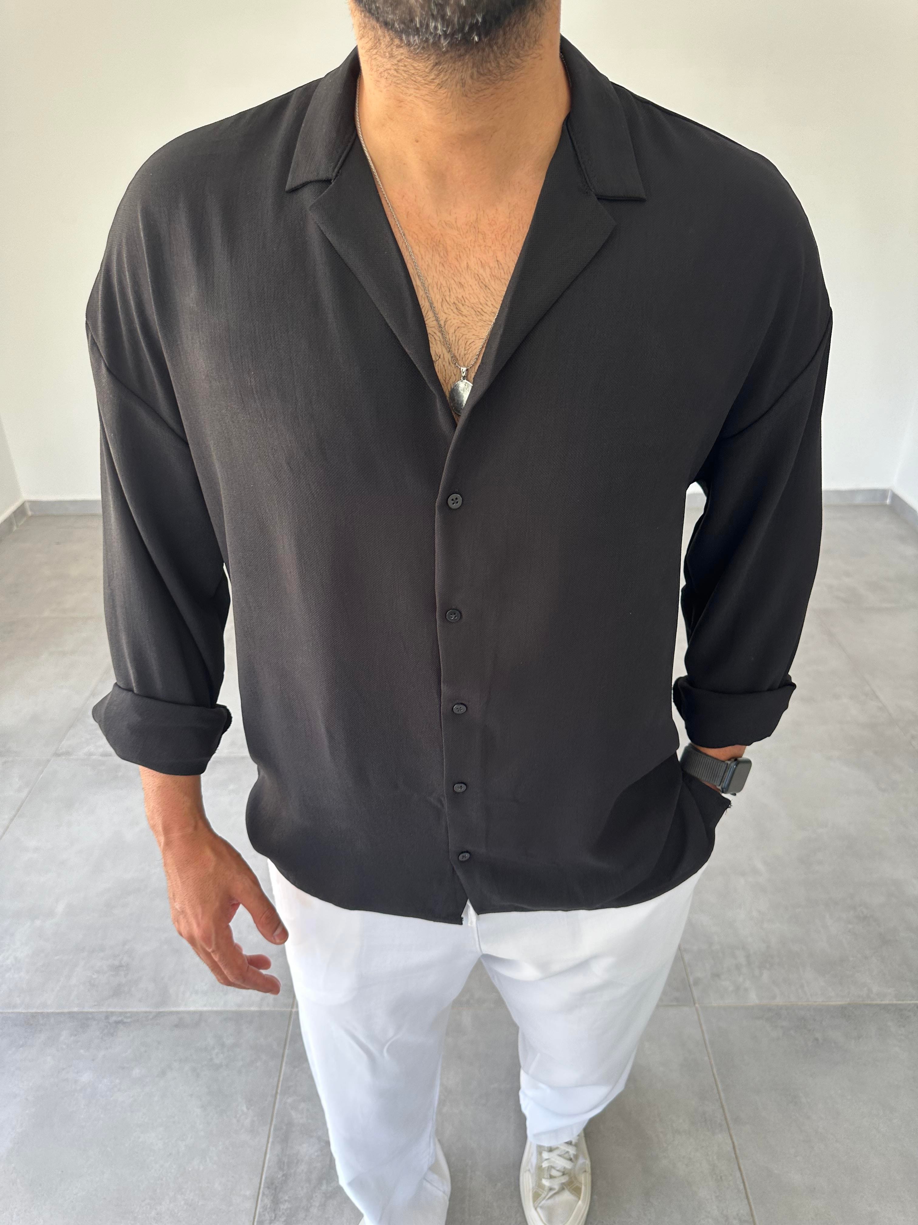 Siyah Oversize Kesim Ayrobin Kumaş Gömlek