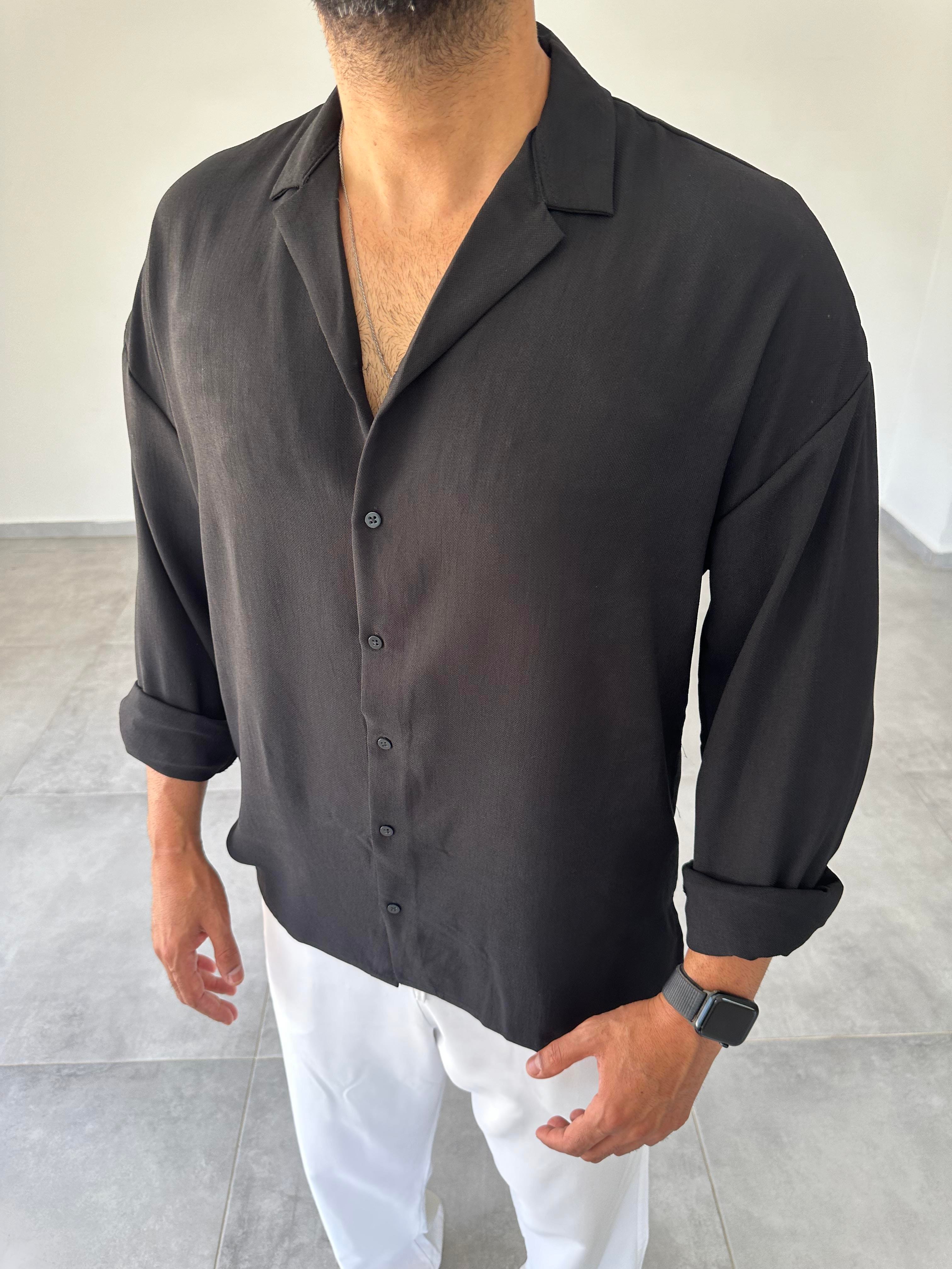 Siyah Oversize Kesim Ayrobin Kumaş Gömlek