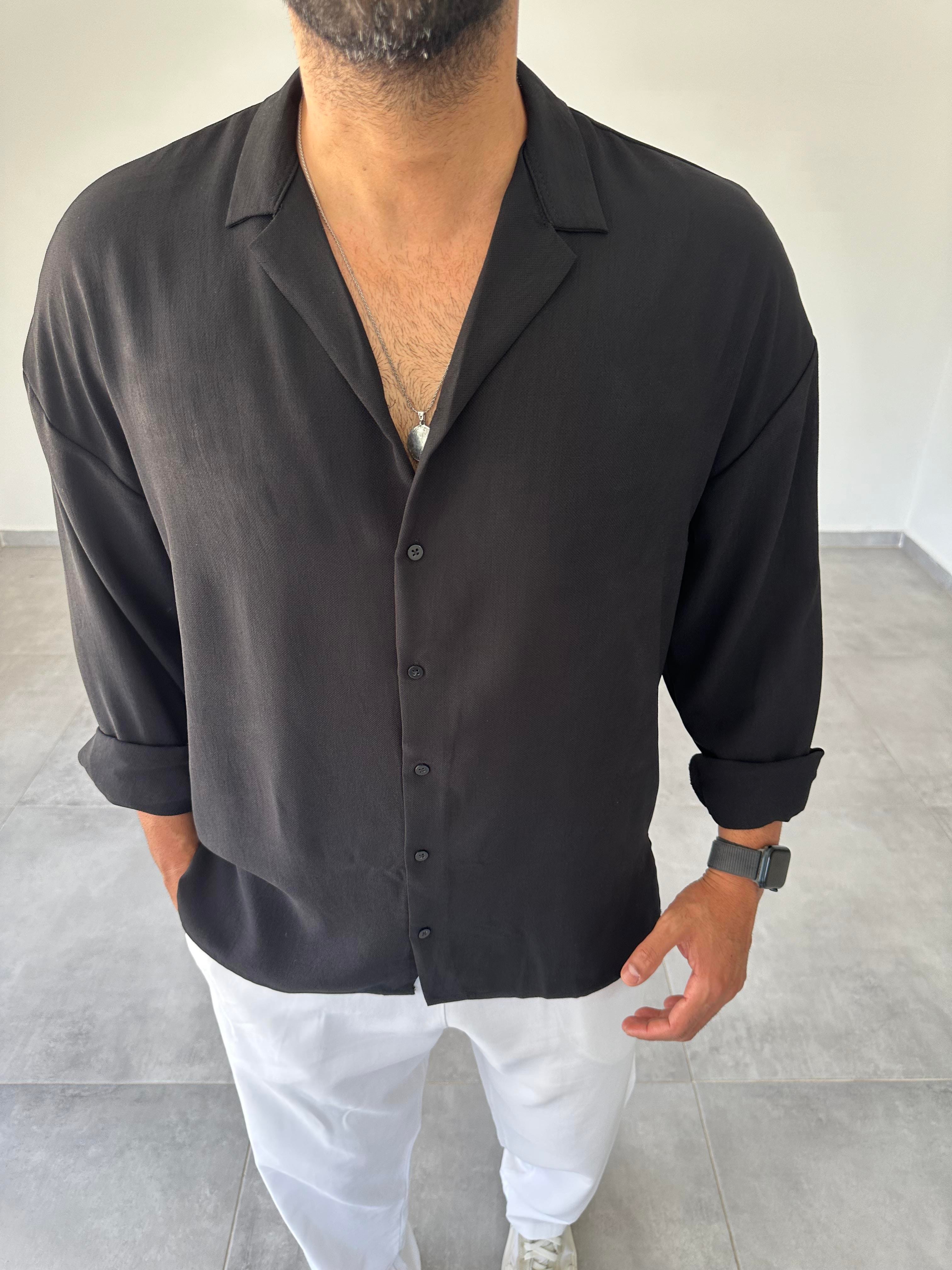 Siyah Oversize Kesim Ayrobin Kumaş Gömlek