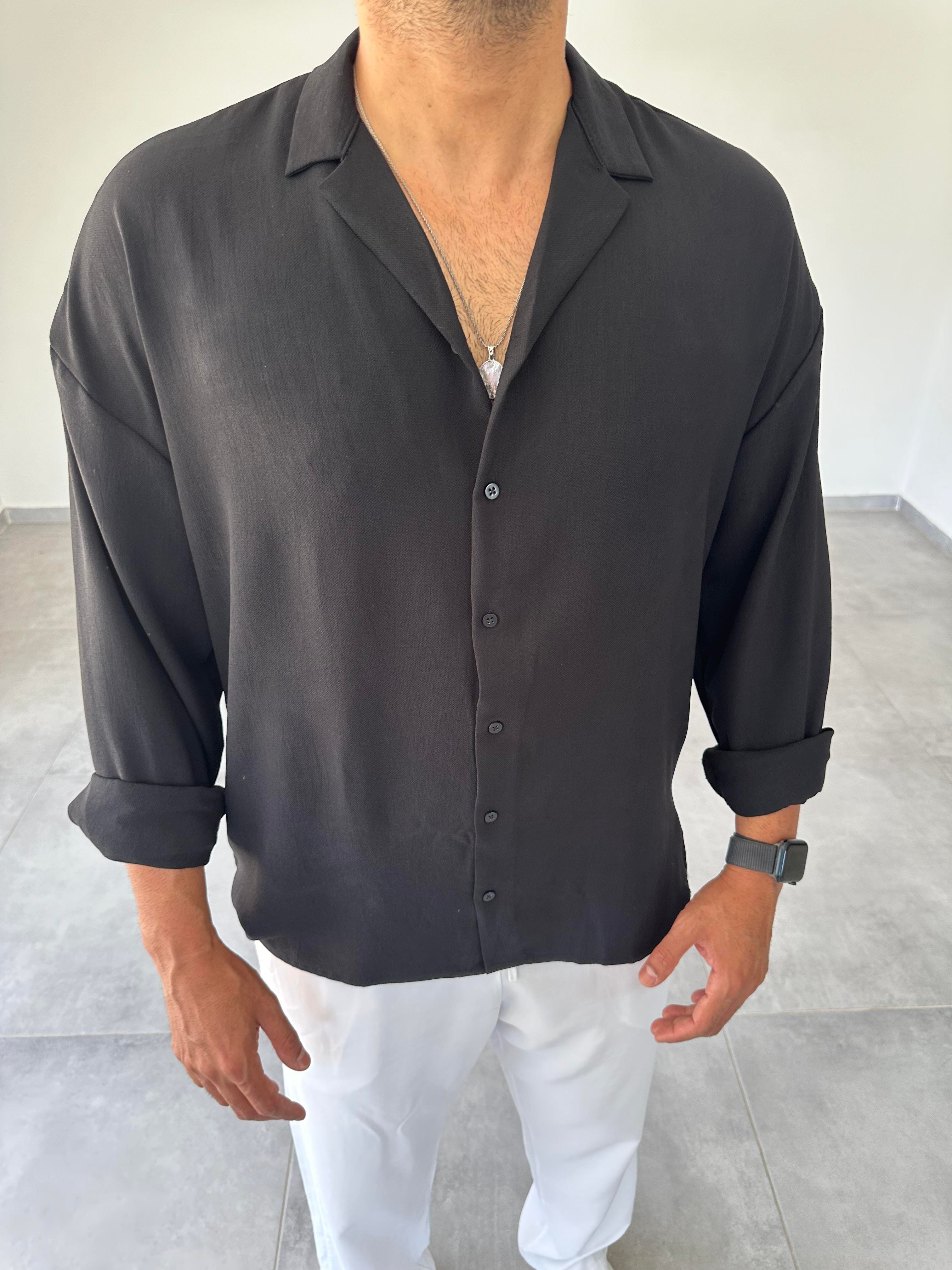 Siyah Oversize Kesim Ayrobin Kumaş Gömlek