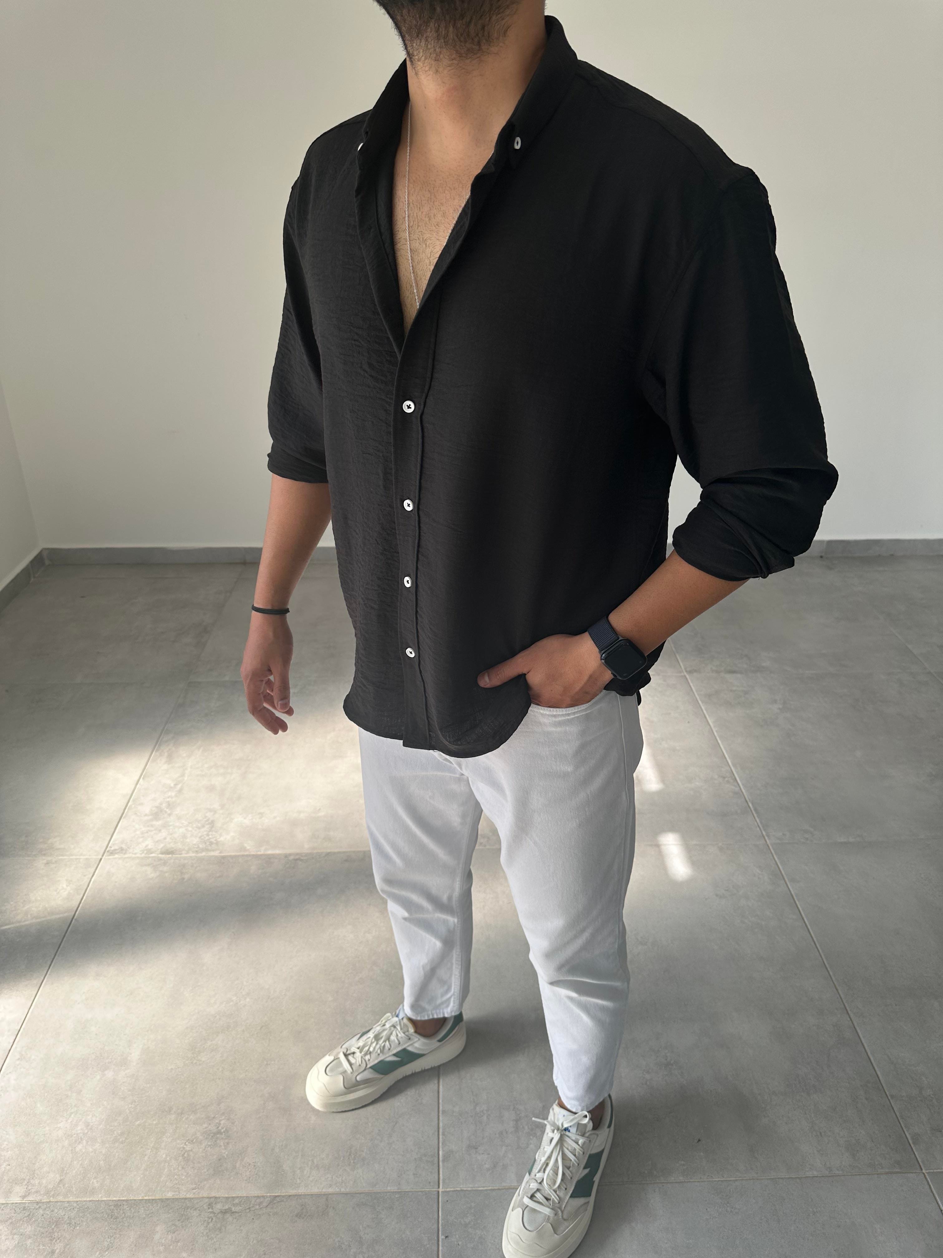 Siyah Relax Fit Keten Gömlek