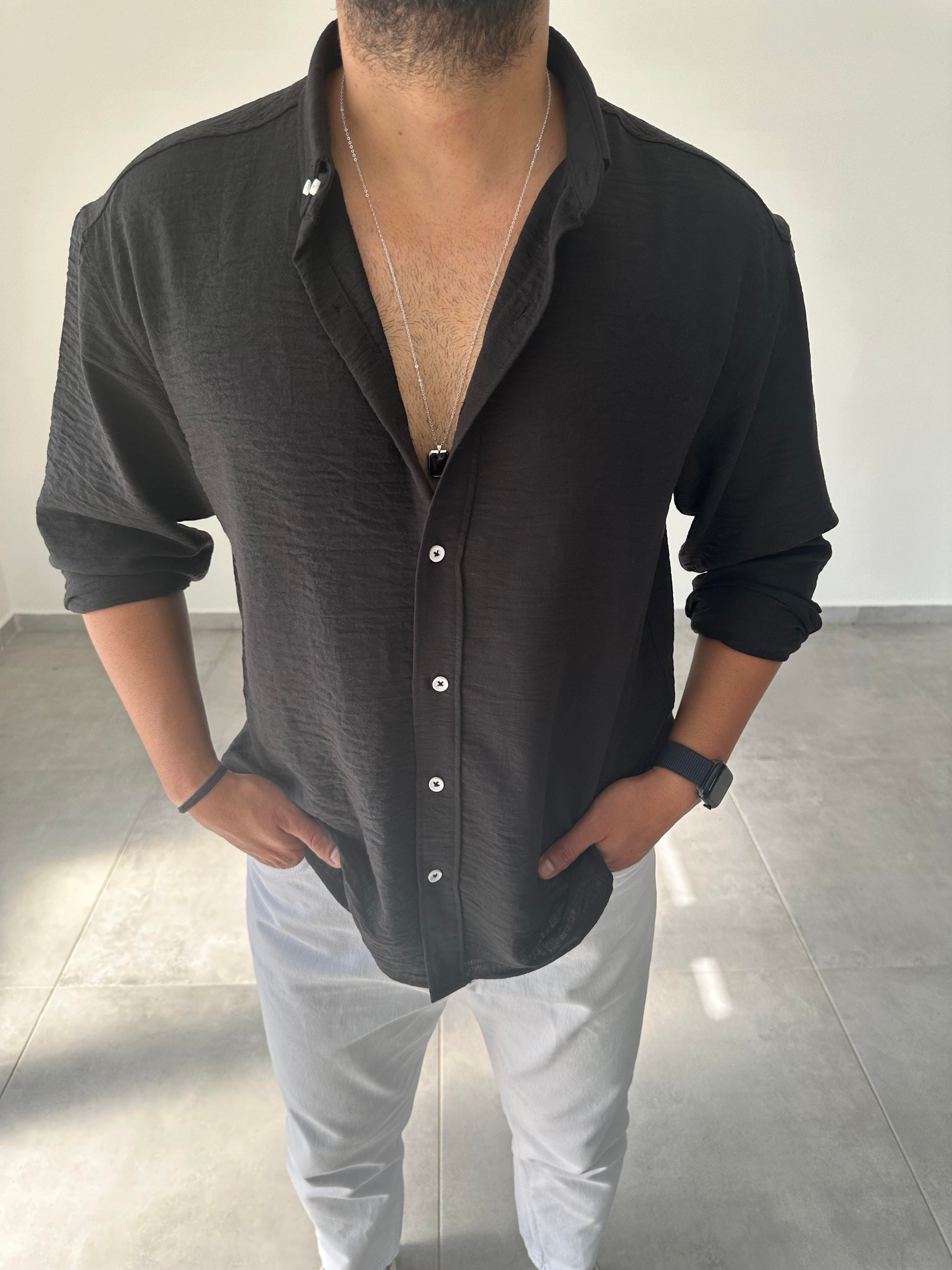 Siyah Relax Fit Keten Gömlek