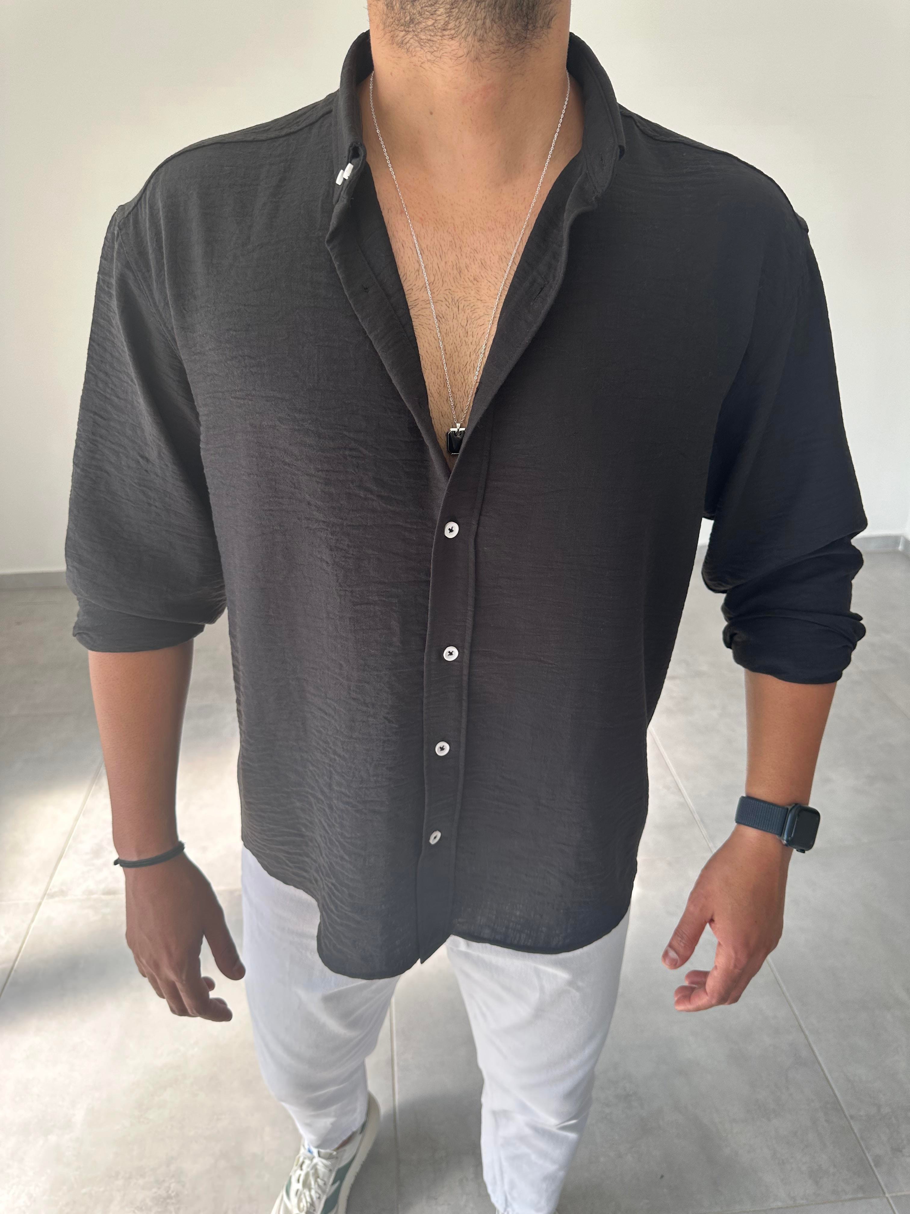 Siyah Relax Fit Keten Gömlek