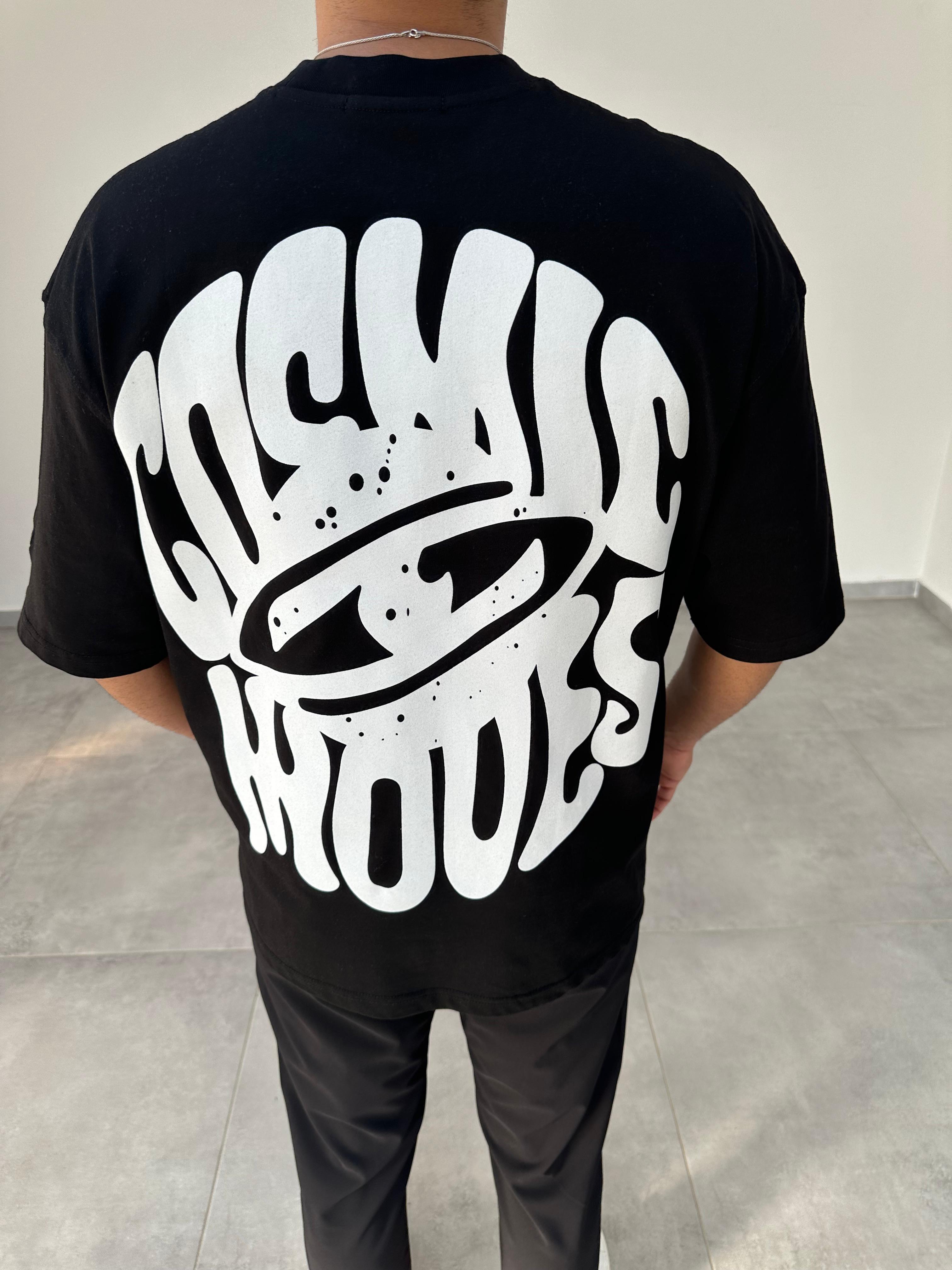 Siyah Renk Cosmic Baskılı Oversize T-Shirt
