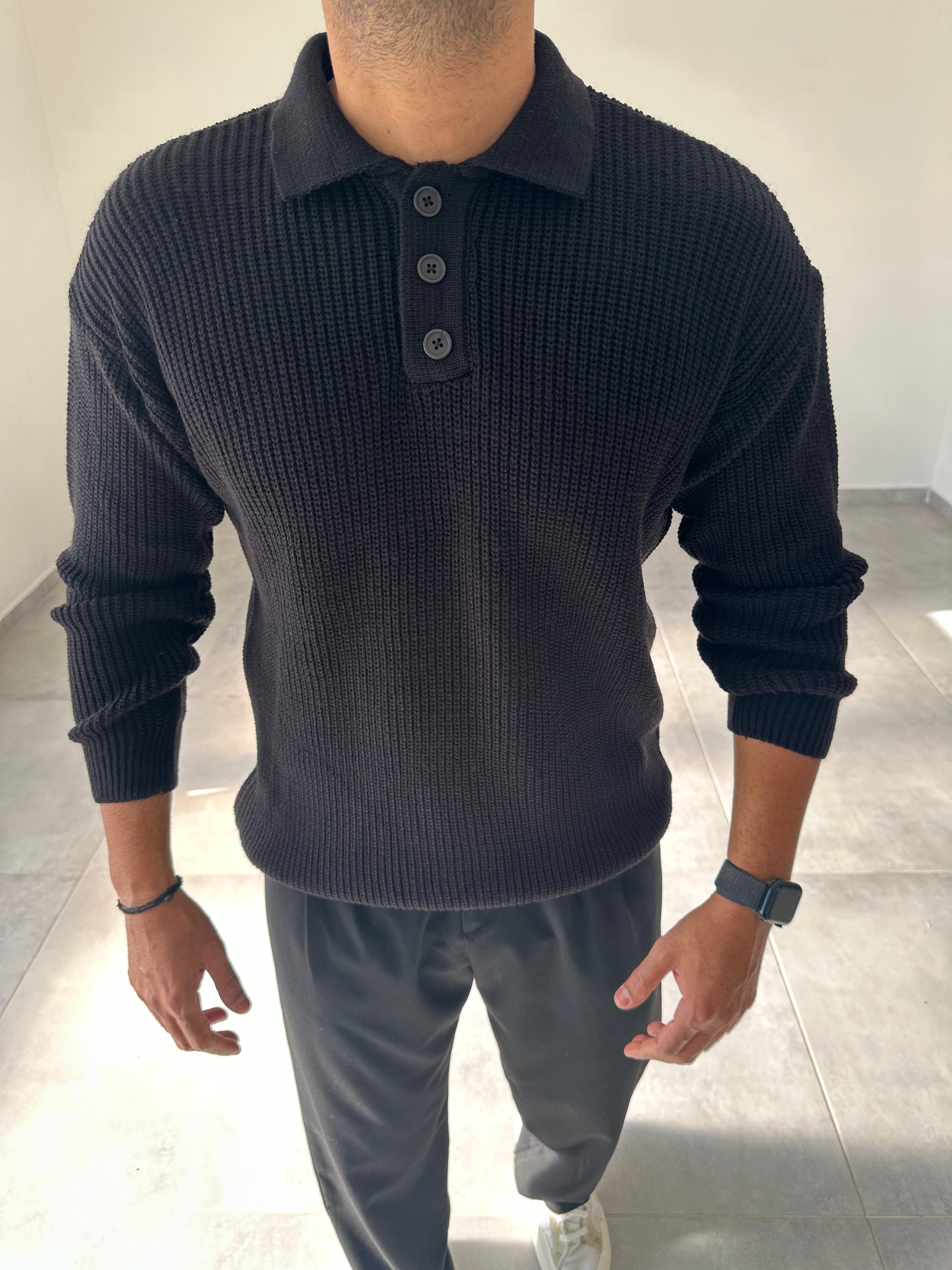 Siyah Renk Düğmeli Polo Yaka Oversize Örme Kazak
