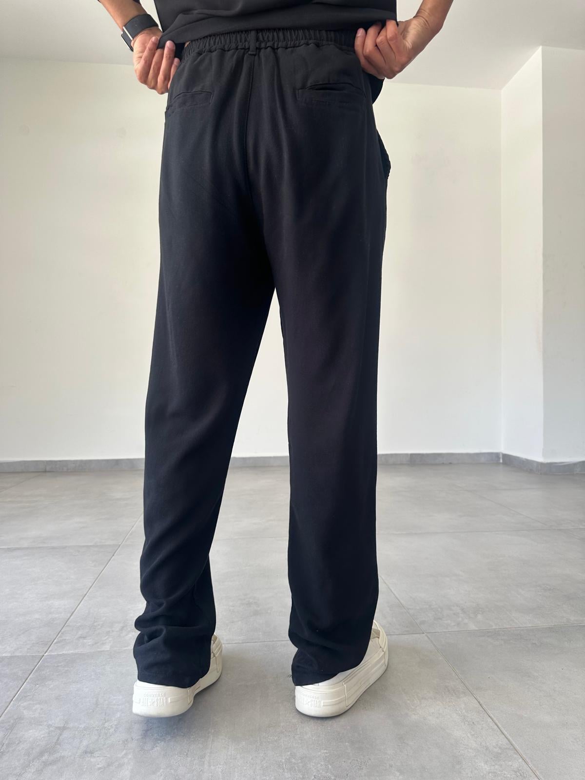 Siyah Renk Ön Kısmı Pileli Ham Keten Baggy Kesim Pantolon