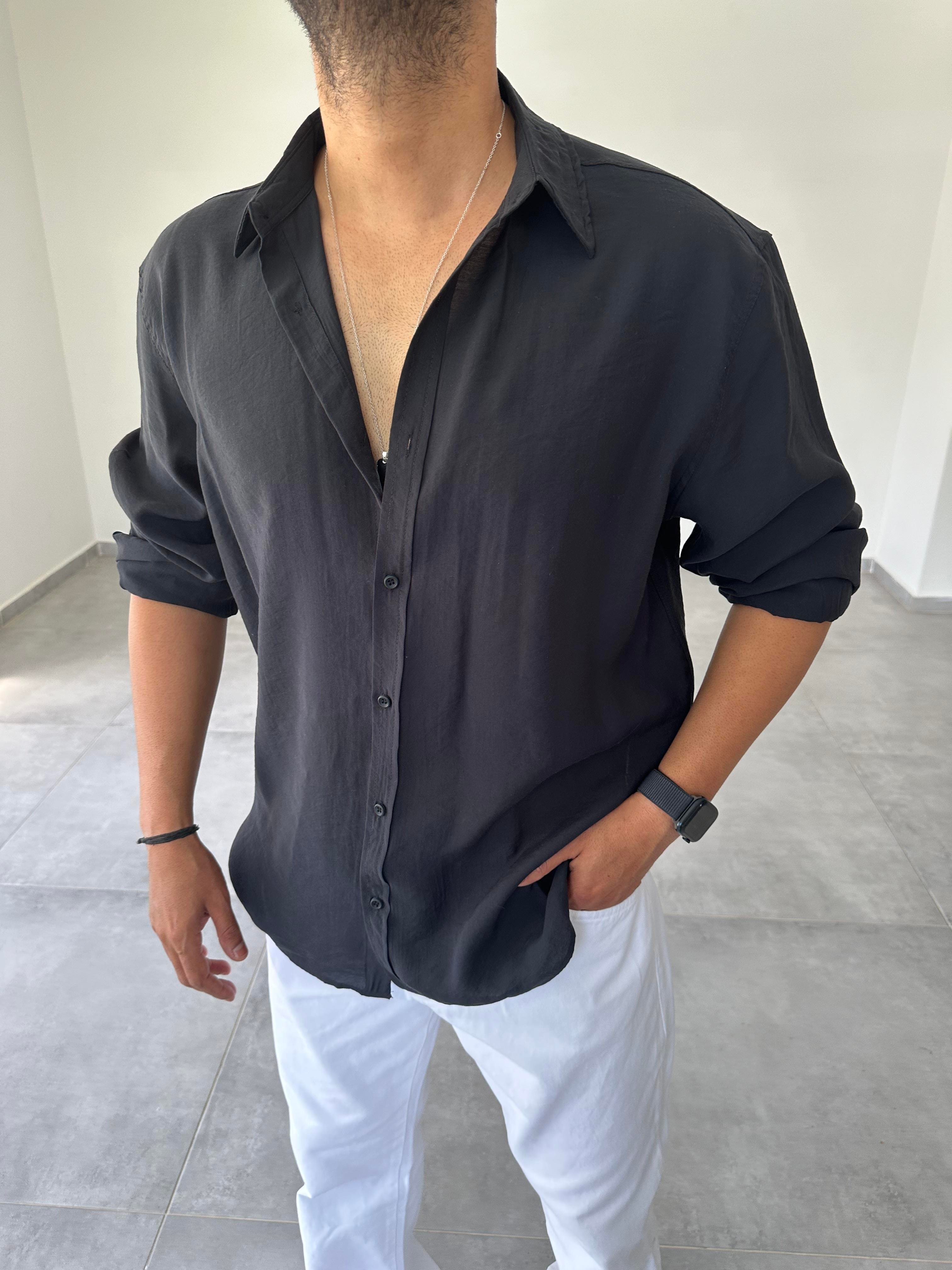 Siyah Renk Tensel Kumaş Oversize Kesim Gömlek