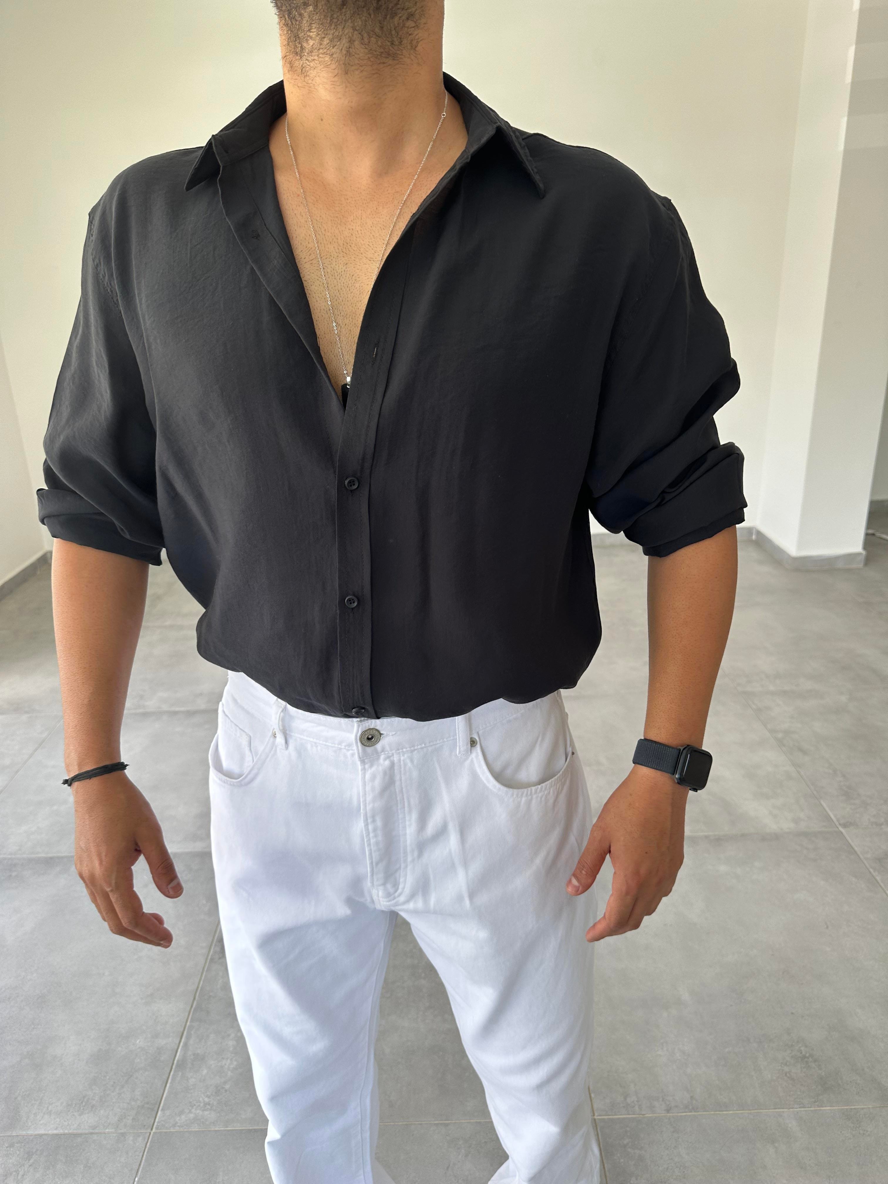 Siyah Renk Tensel Kumaş Oversize Kesim Gömlek
