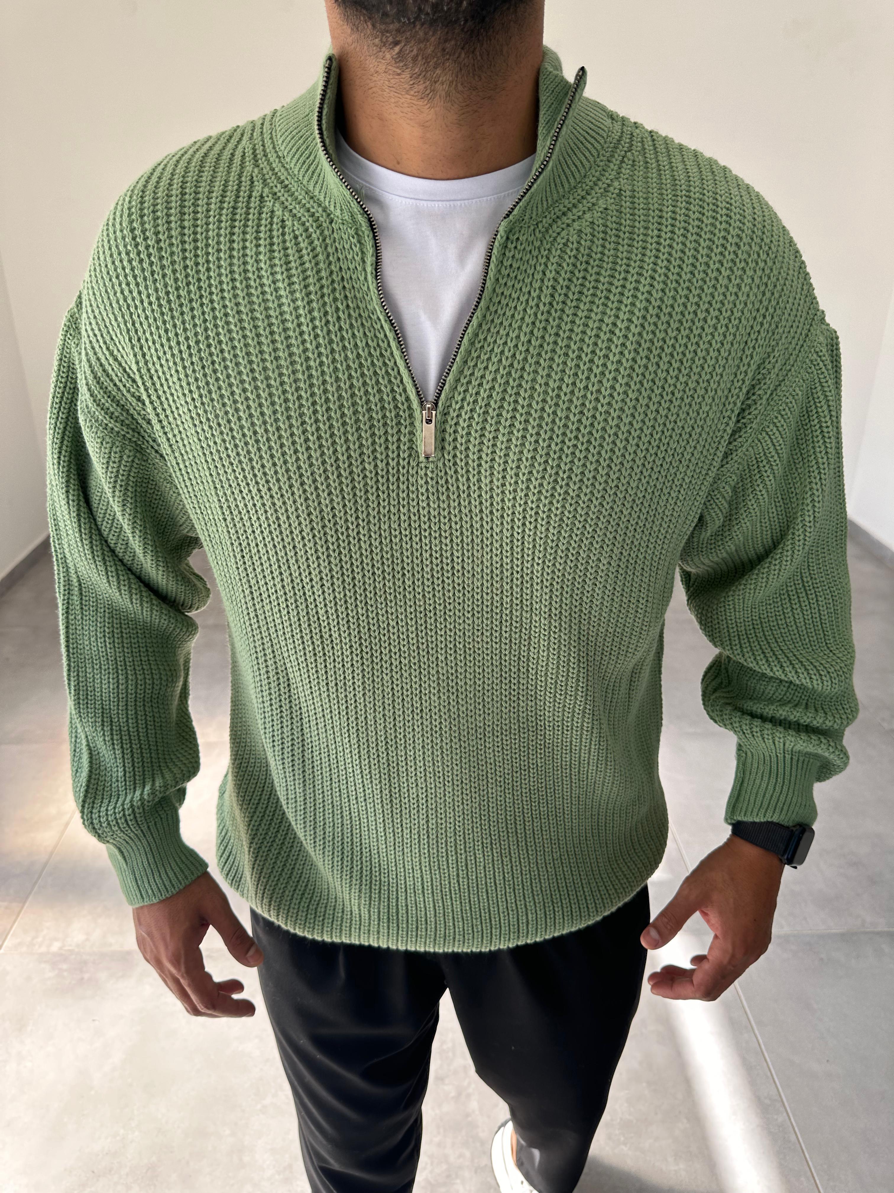 Yeşil Renk Yarım Fermarlı Oversize Örme Triko Kazak