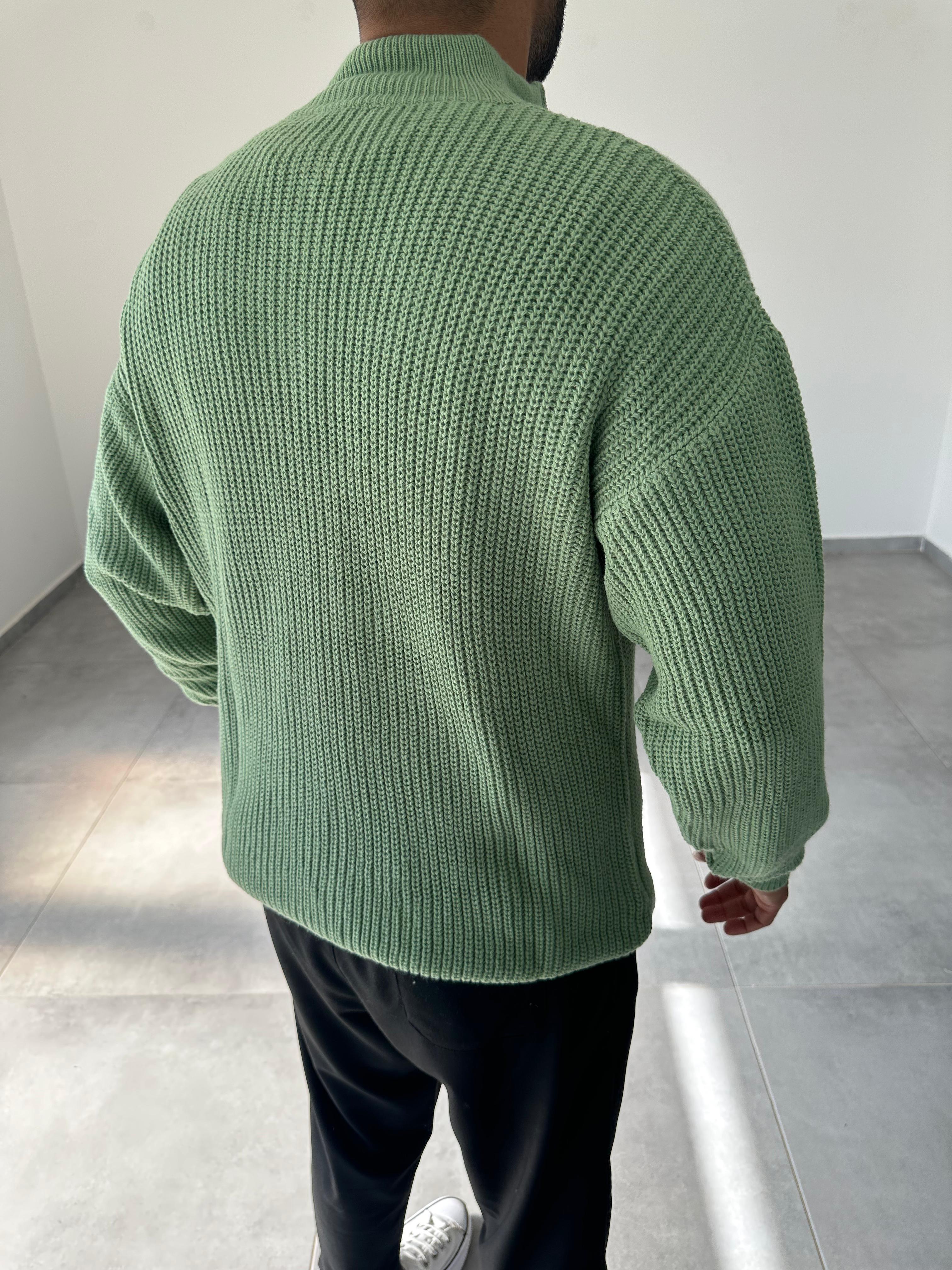 Yeşil Renk Yarım Fermarlı Oversize Örme Triko Kazak