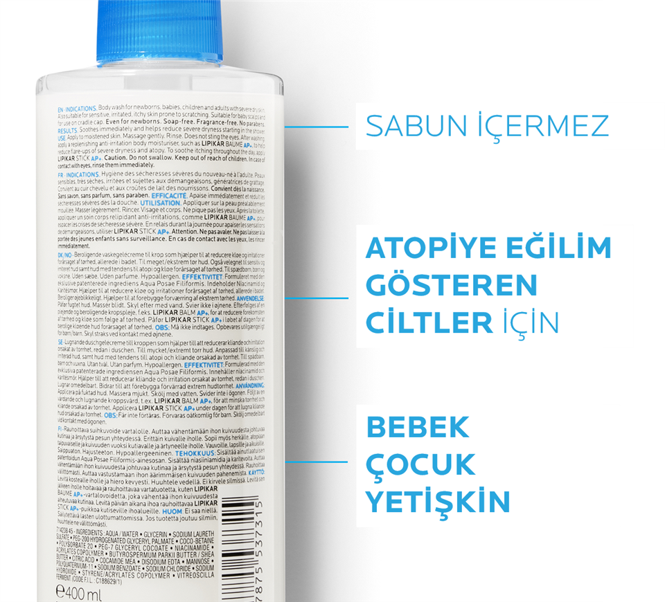 La Roche-Posay Lipikar Syndet AP+ Çok Kuru ve Atopiye Eğilim Gösterebilen Ciltler için Bebek, Çocuk, Yetişkin Vücut Yıkama Jeli 400 ml