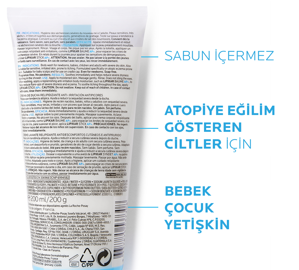 La Roche-Posay Lipikar Syndet AP+ Çok Kuru ve Atopiye Eğilim Gösterebilen Ciltler için Bebek, Çocuk, Yetişkin Vücut Yıkama Jeli 200 ml