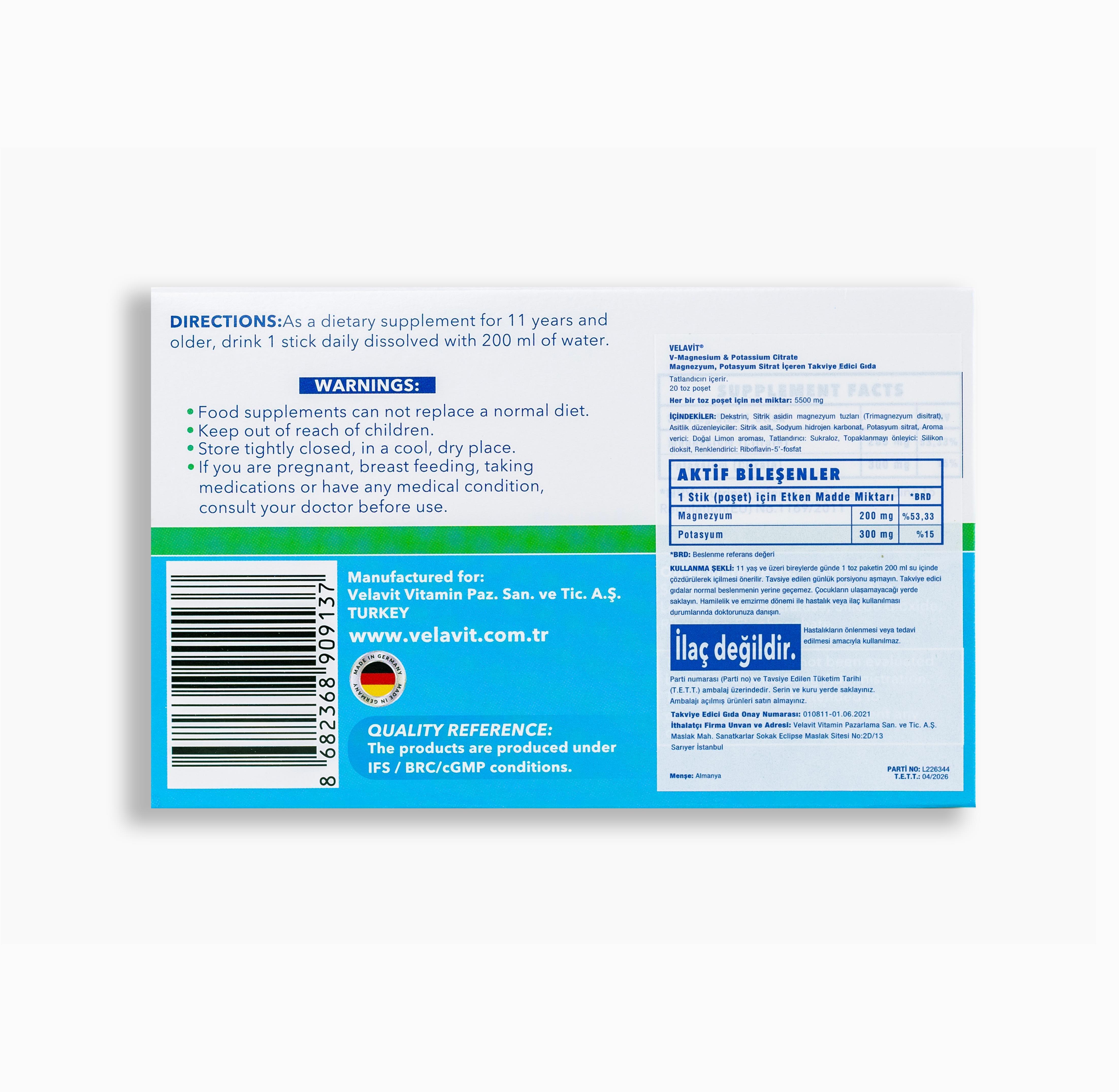 Velavit® V-Magnesium & Potassium Citrate 20 Şase