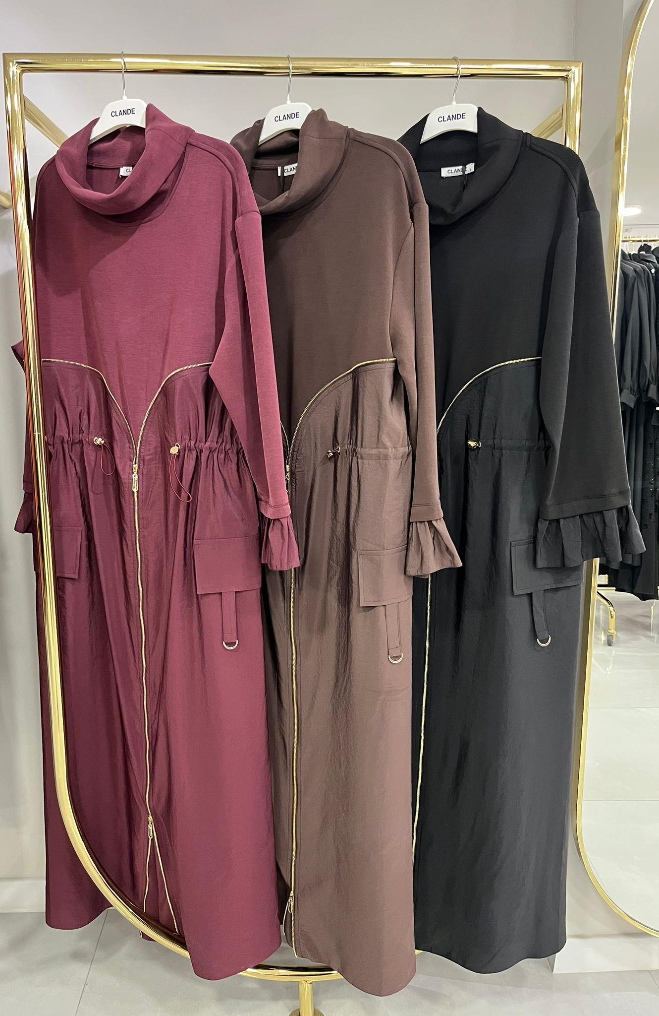 Clande Önden Fermuarlı Bordo Elbise