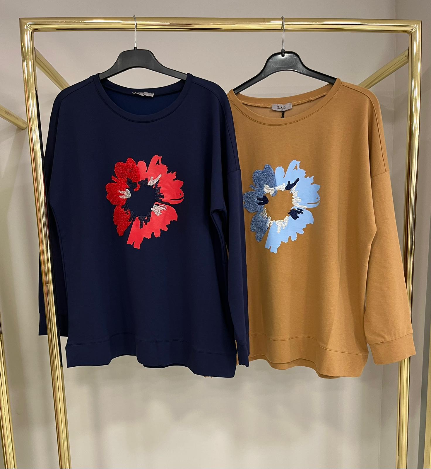 Lal Çiçek Detaylı Lacivert Sweatshirt