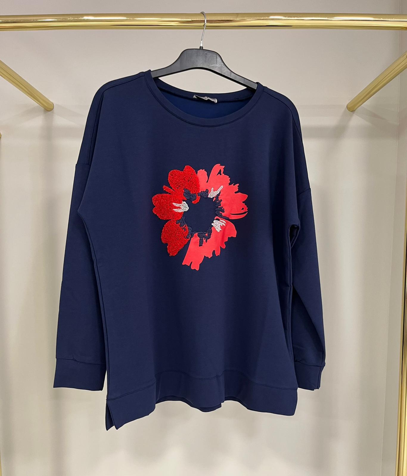 Lal Çiçek Detaylı Lacivert Sweatshirt