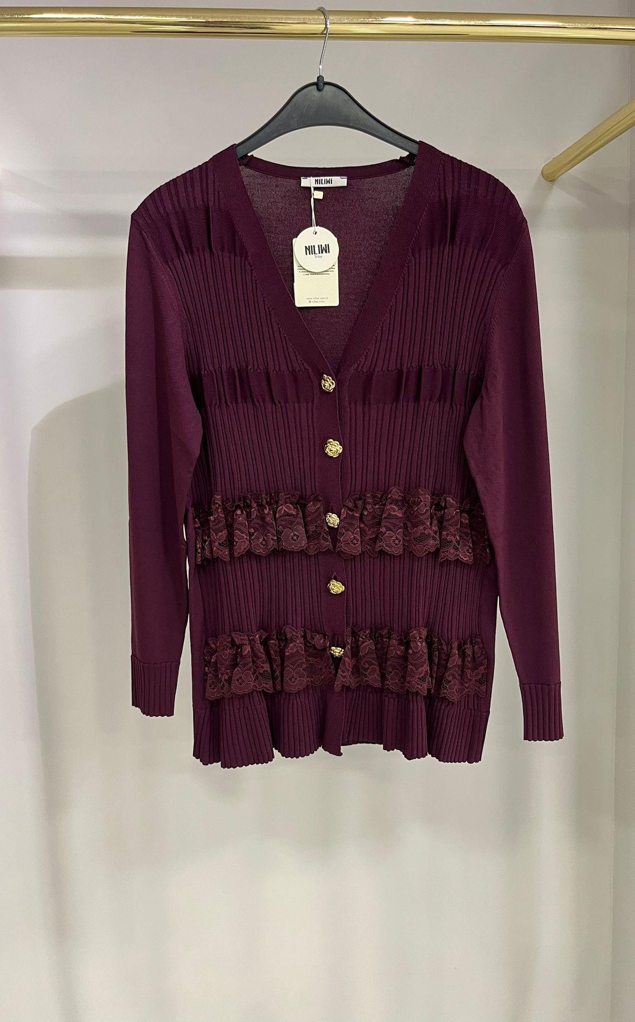 Niliwi Dantelli Fırfırlı Bordo Hırka