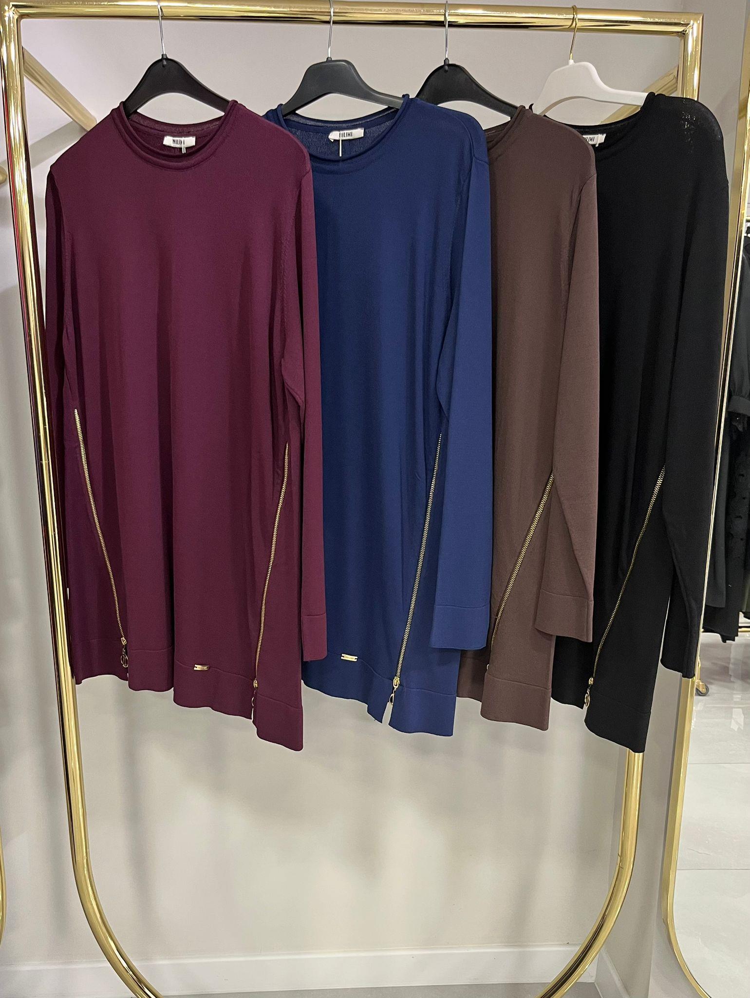 Niliwi Yanları Fermuarlı Bordo Tunik